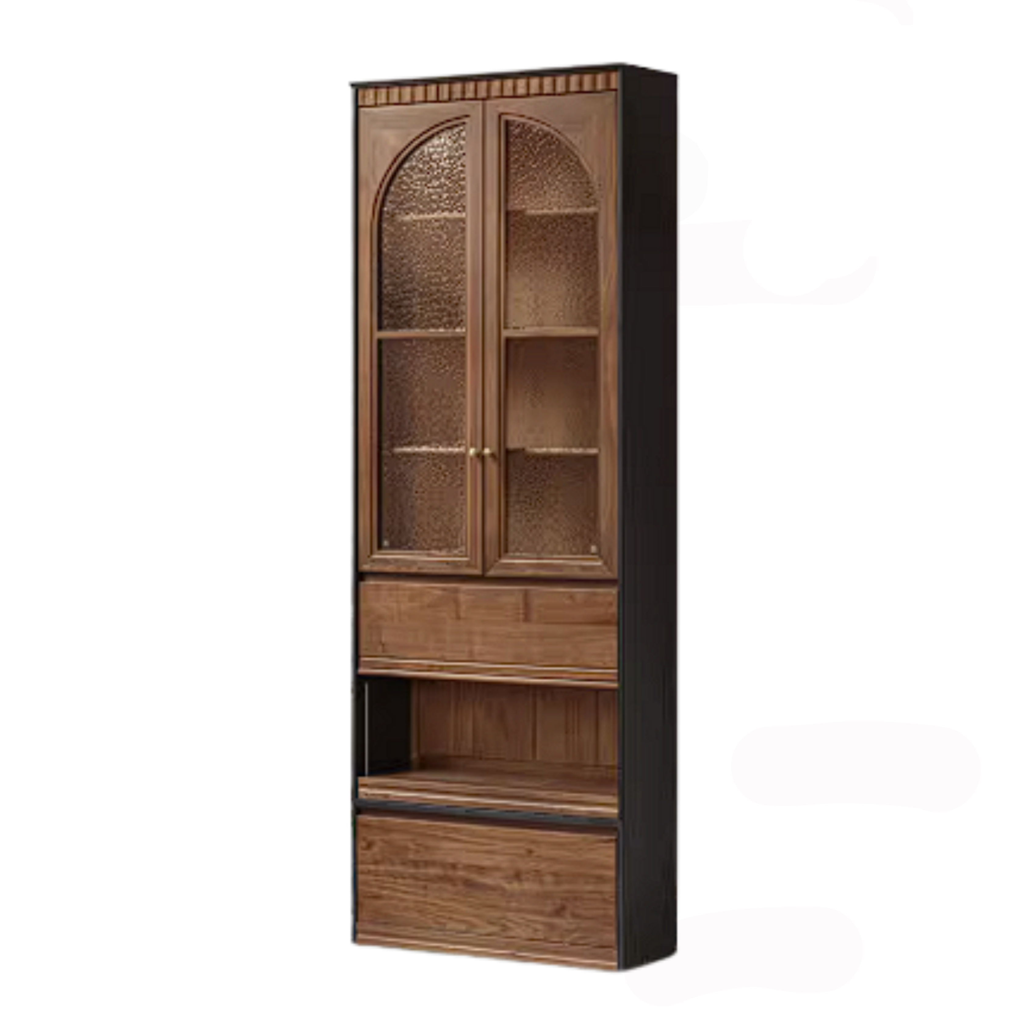 Black Walnut Solid Wood Bookcase with French Retro Display Cabinet
