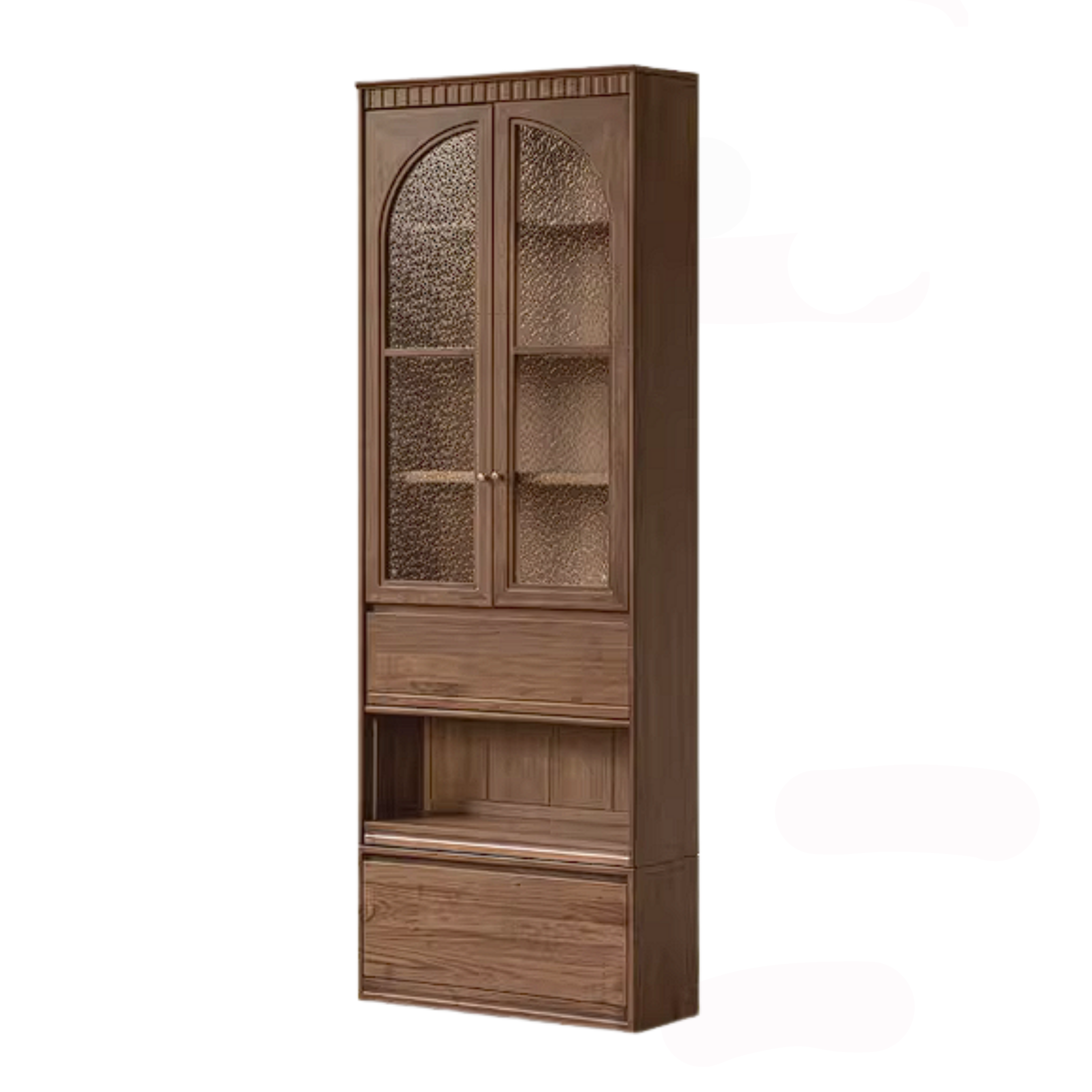 Black Walnut Solid Wood Arched Vintage Bookcase with Glass Door and Storage Drawer