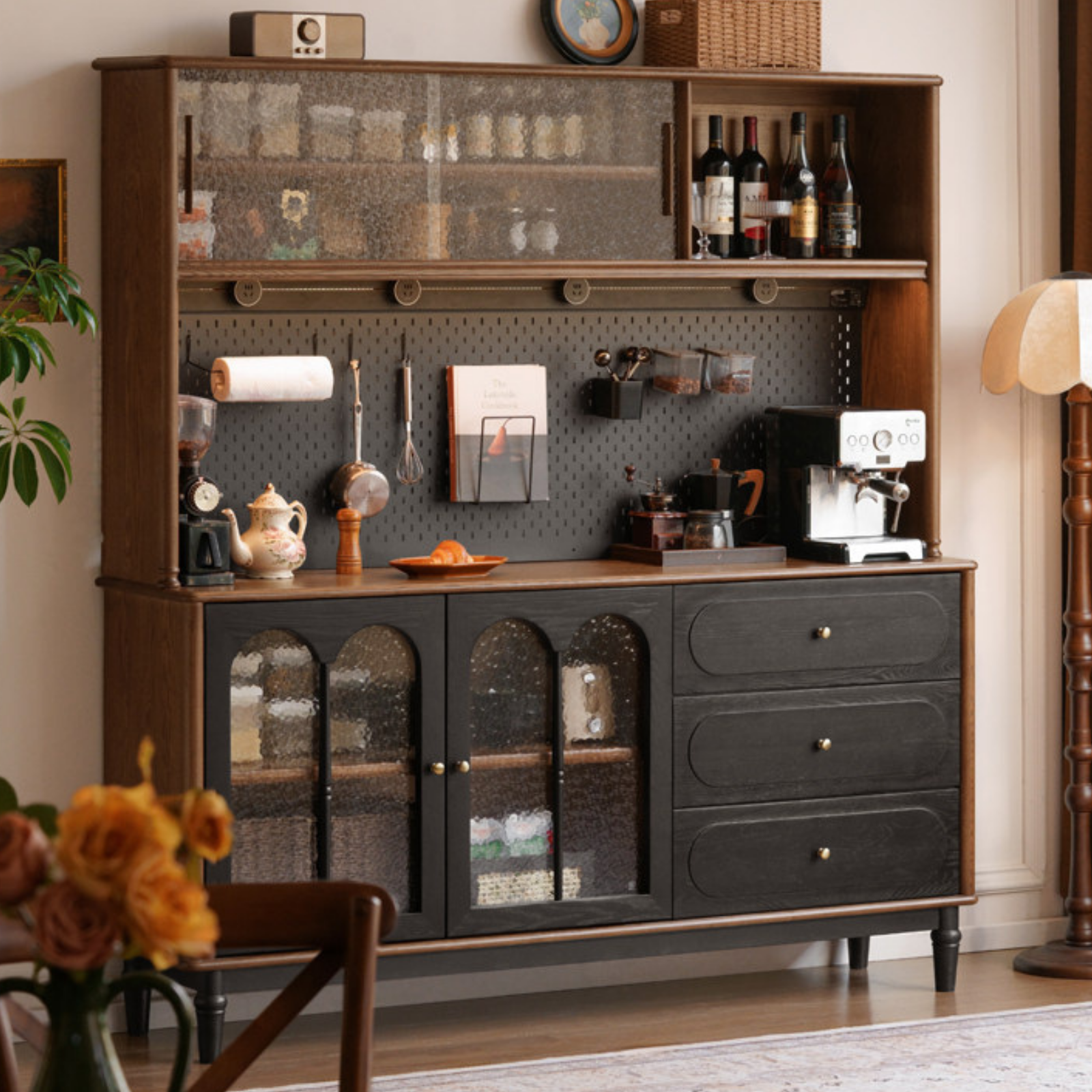 Ash Solid Wood Sideboard with American Retro Style and Storage Cabinet