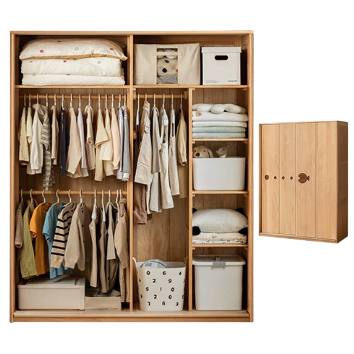 Beech Solid Wood Kids Sliding Door Wardrobe with Adjustable Shelves