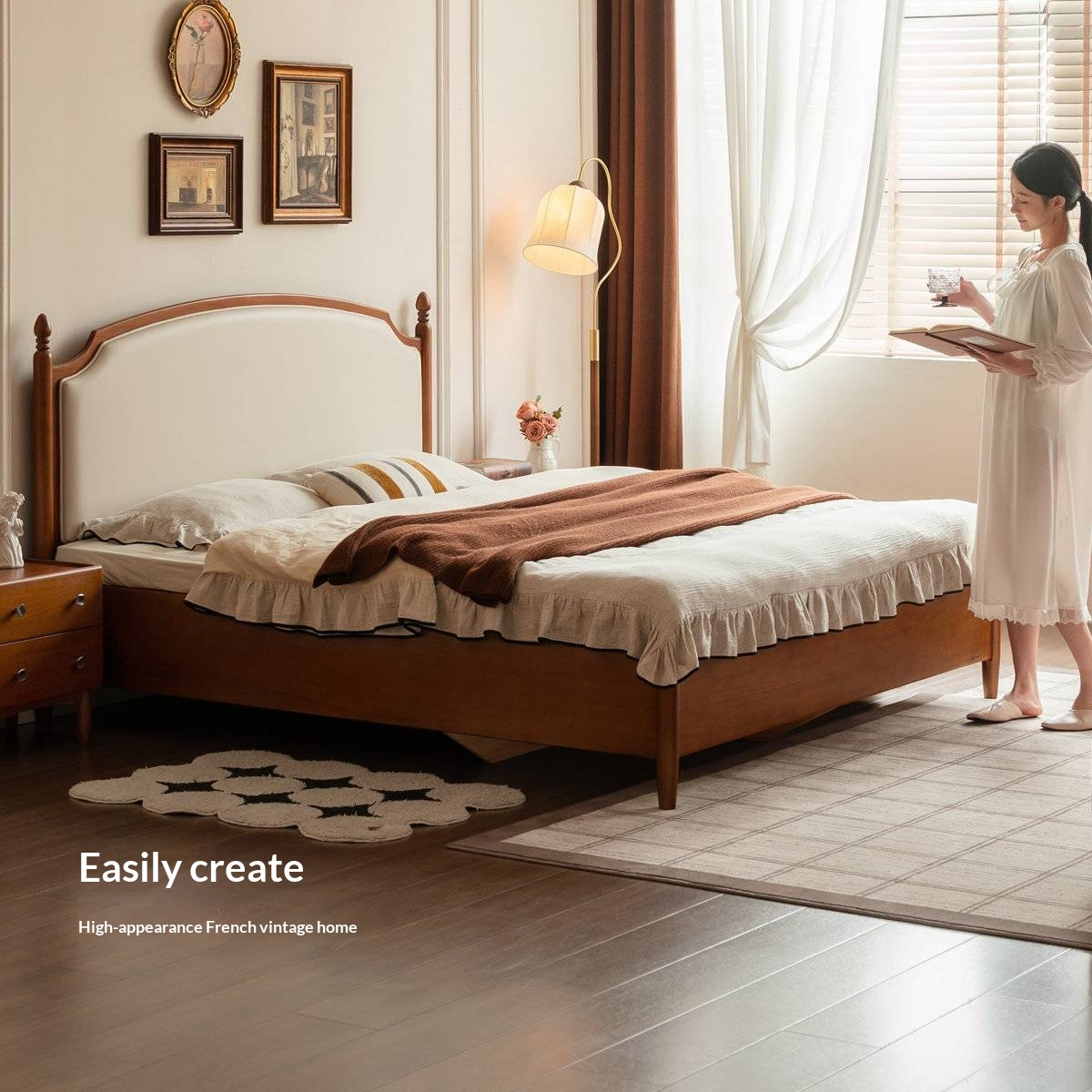 Poplar Solid Wood Box Bed — French Retro Style with Soft Backrest and Mid-Fashion Design