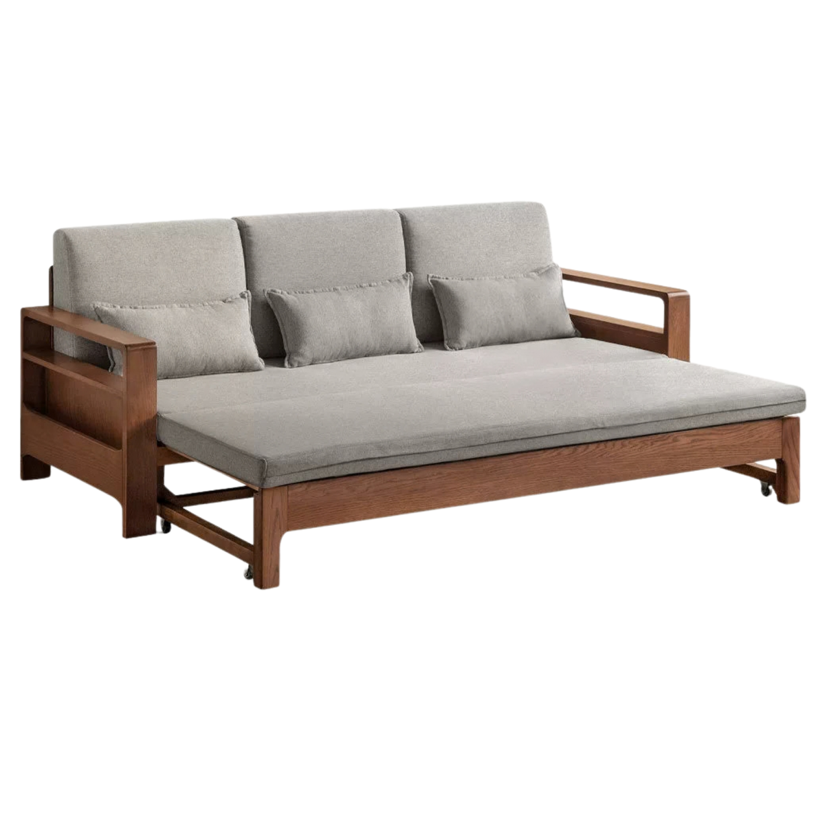 Oak, Beech Sofa Bed with Wood Frame and Side Storage Pocket