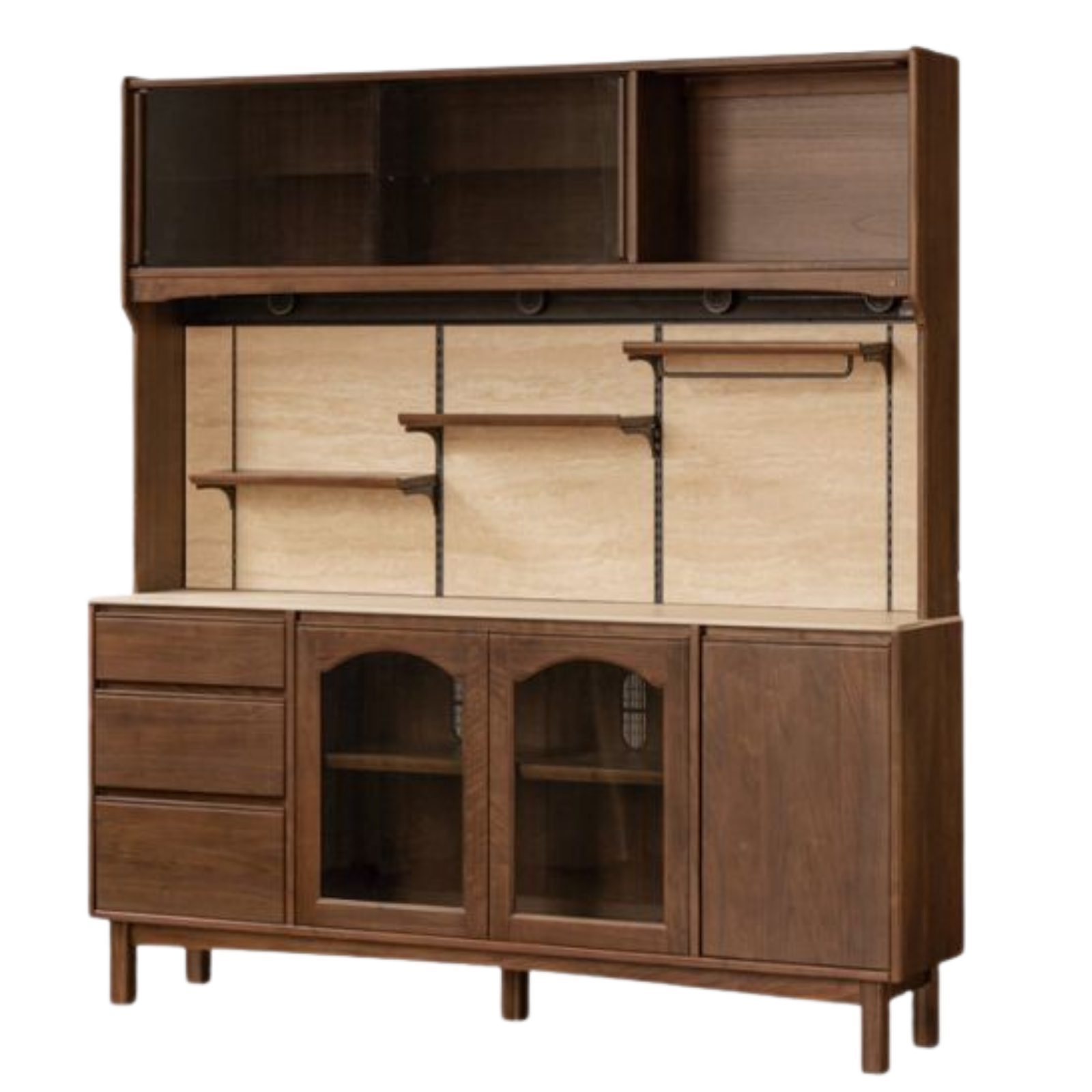 Black Walnut Solid Wood Buffet Cabinet with Retro Style and Rock Board Surface