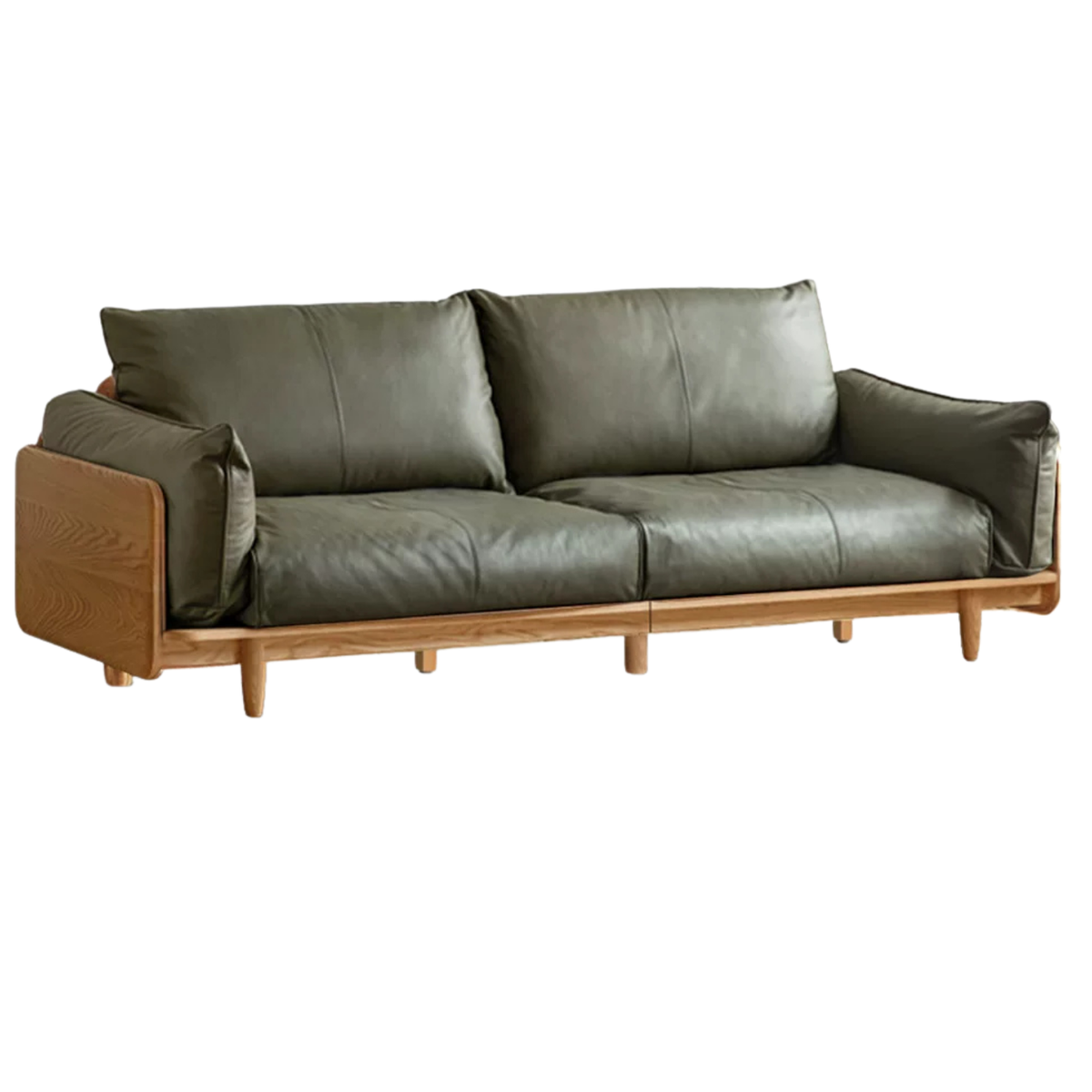 Oak, Ash Solid Wood Sofa with Exposed Wide Arms, High-Back, Genuine leather -fabric