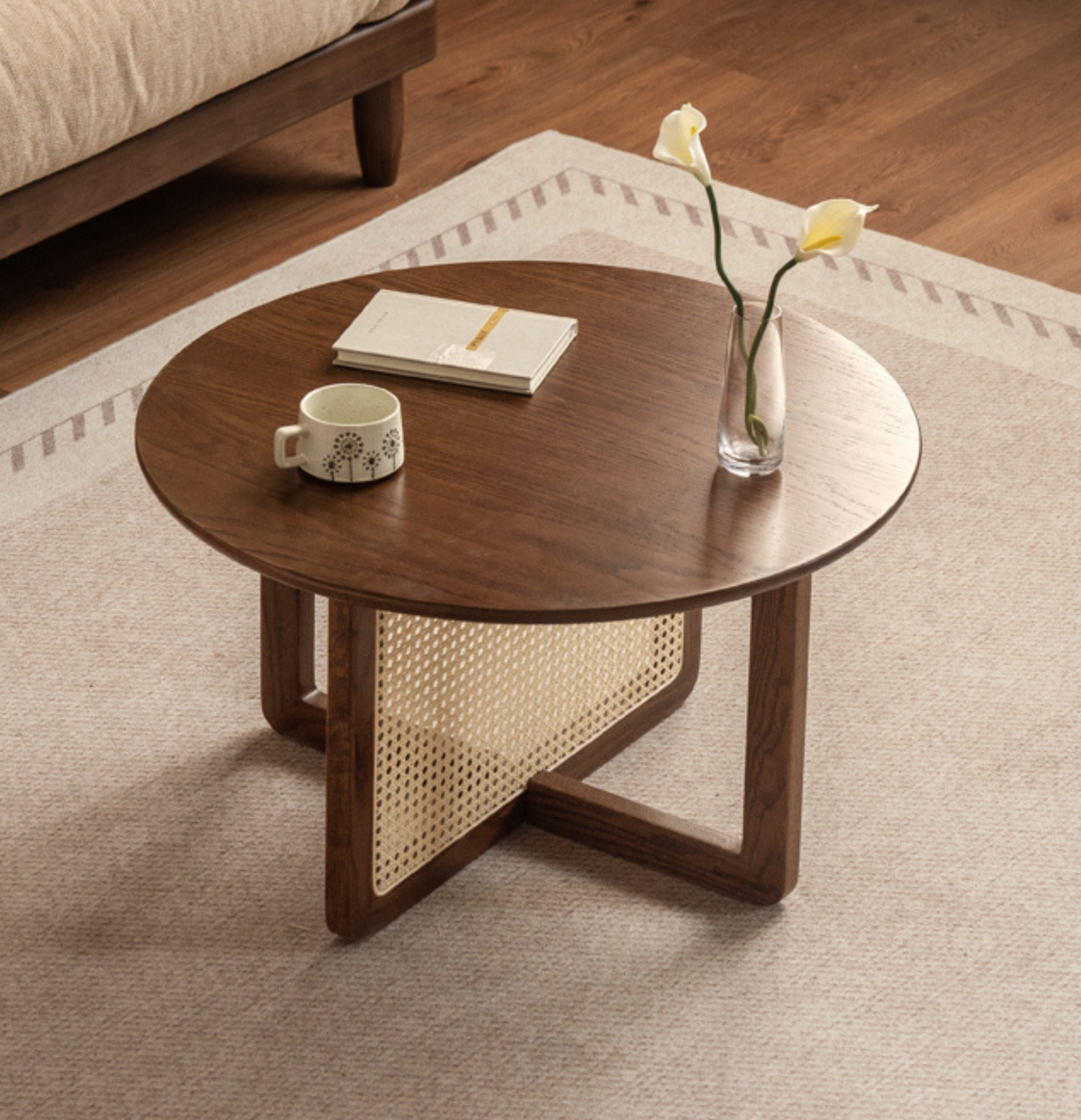 Black Walnut, Oak Solid Wood Rattan Modern Coffee Table