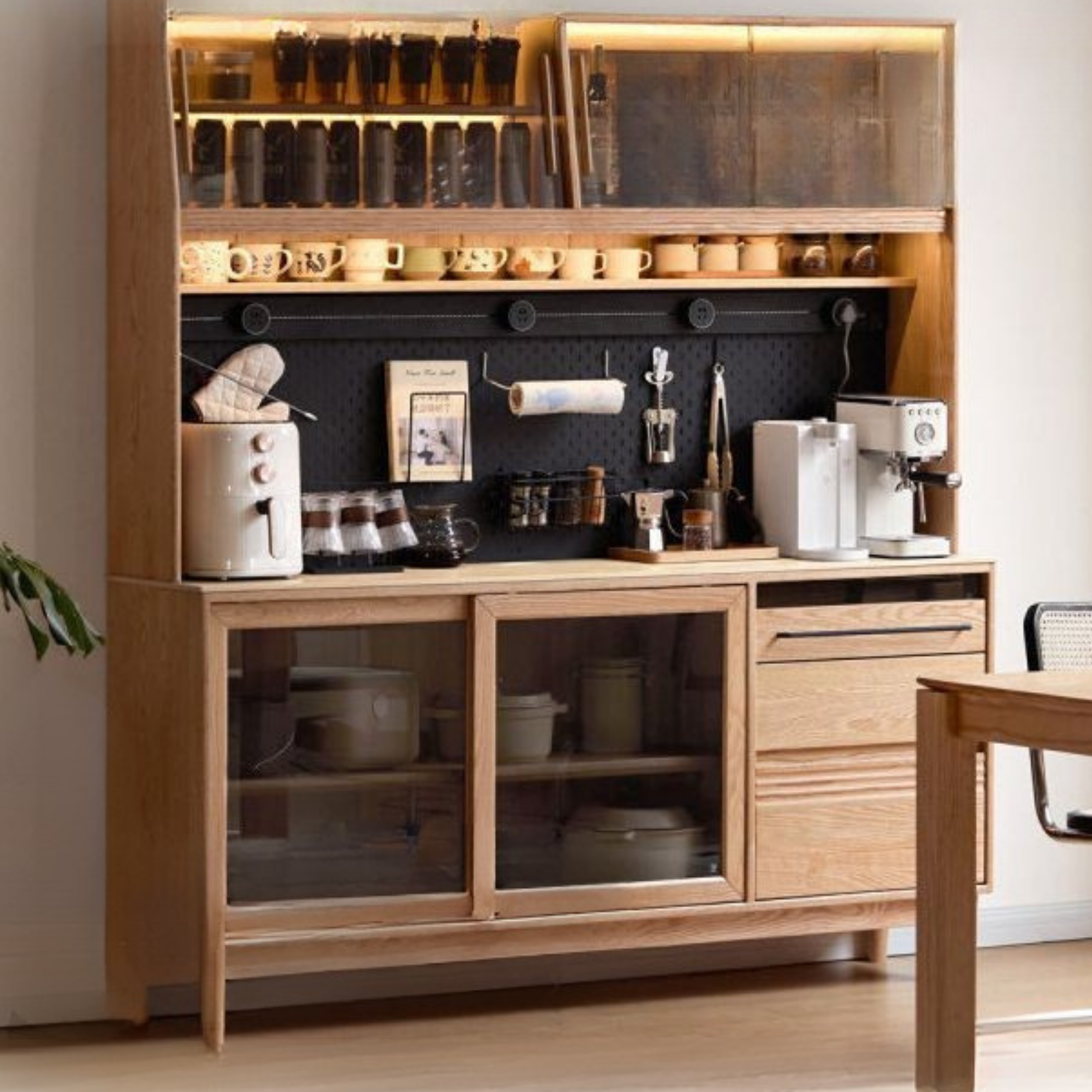 Oak Solid Wood Buffet Cabinet with Slab Surface, Sideboard