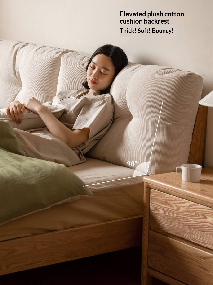 Oak Solid Wood Bed — Modern Minimalist Design with Corduroy Soft Headboard