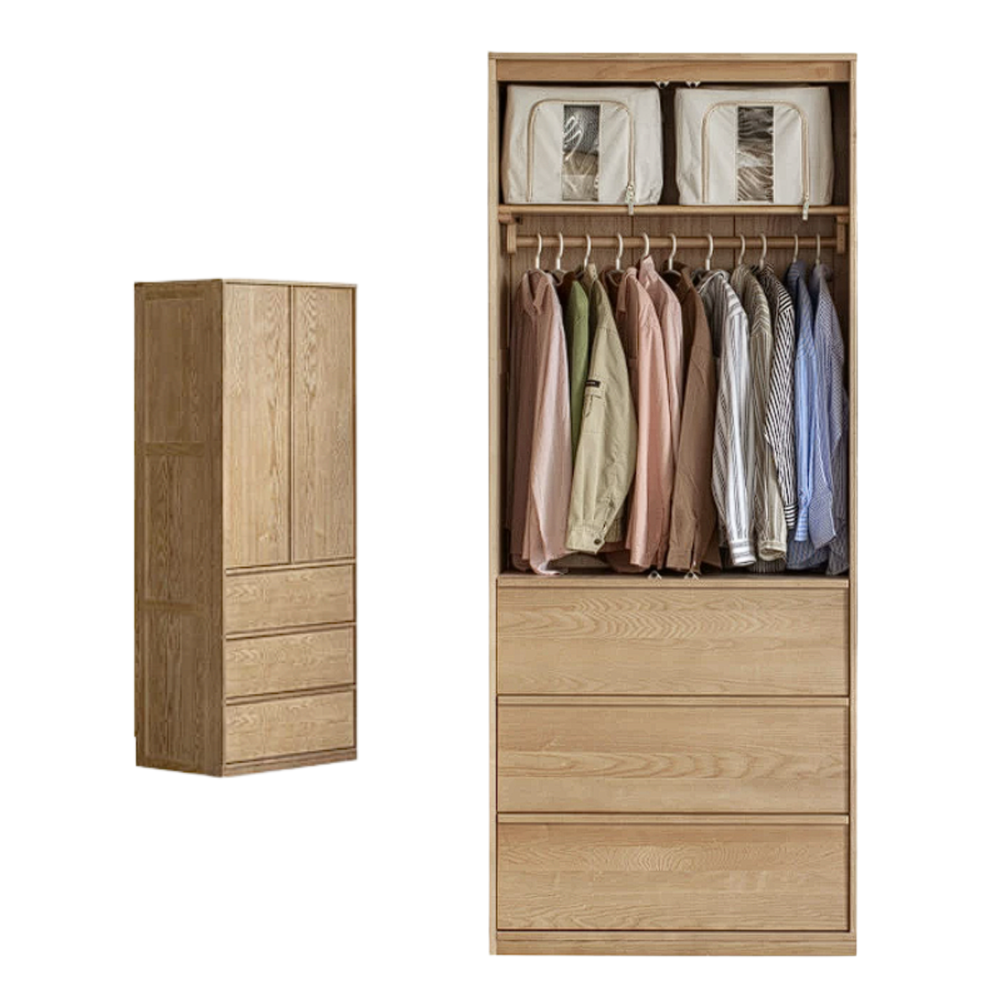 Ash Solid Wood Wardrobe with Minimalist Design and Storage Space