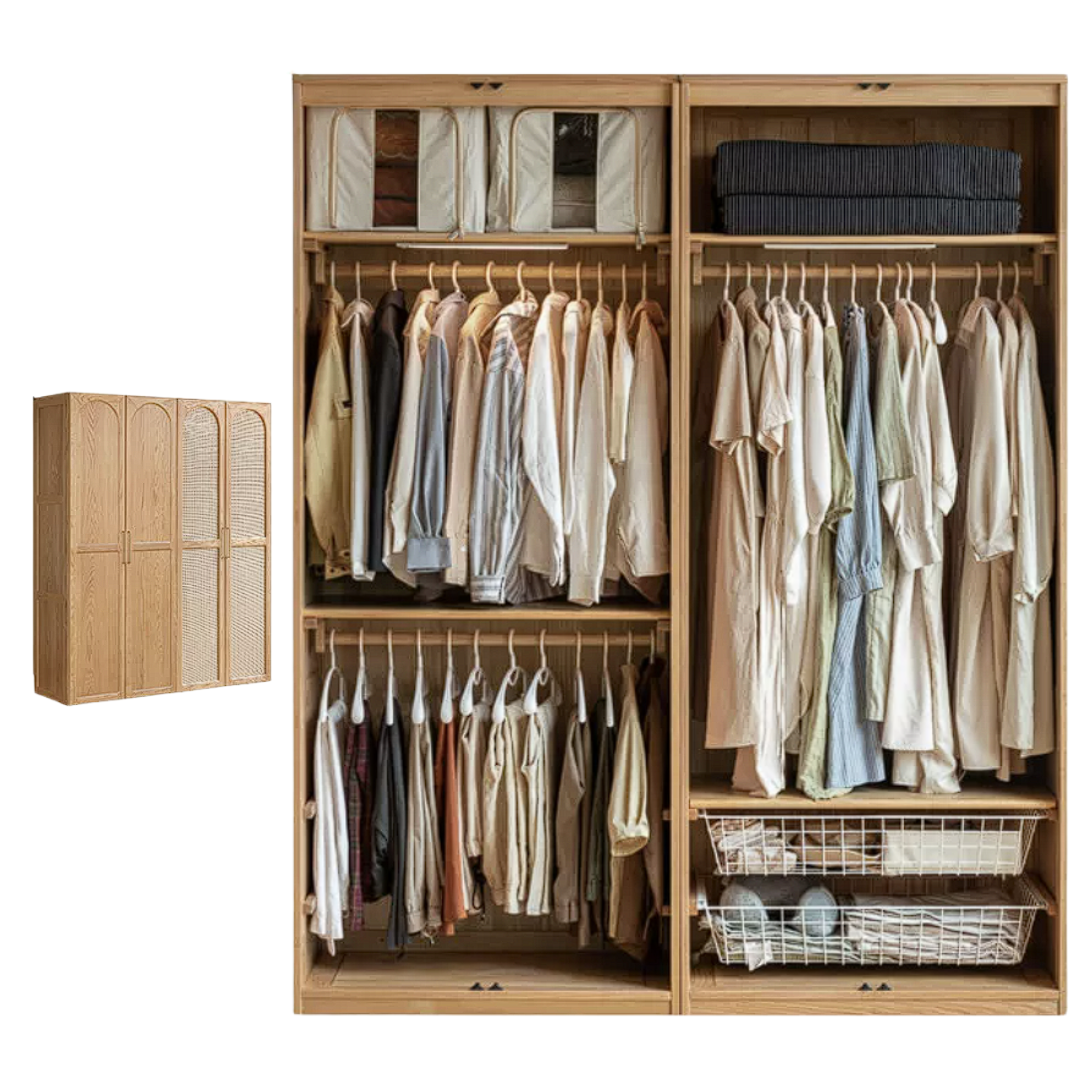 Oak Solid Wood French-Inspired Armoire, Vintage Wardrobe Storage Cabinet