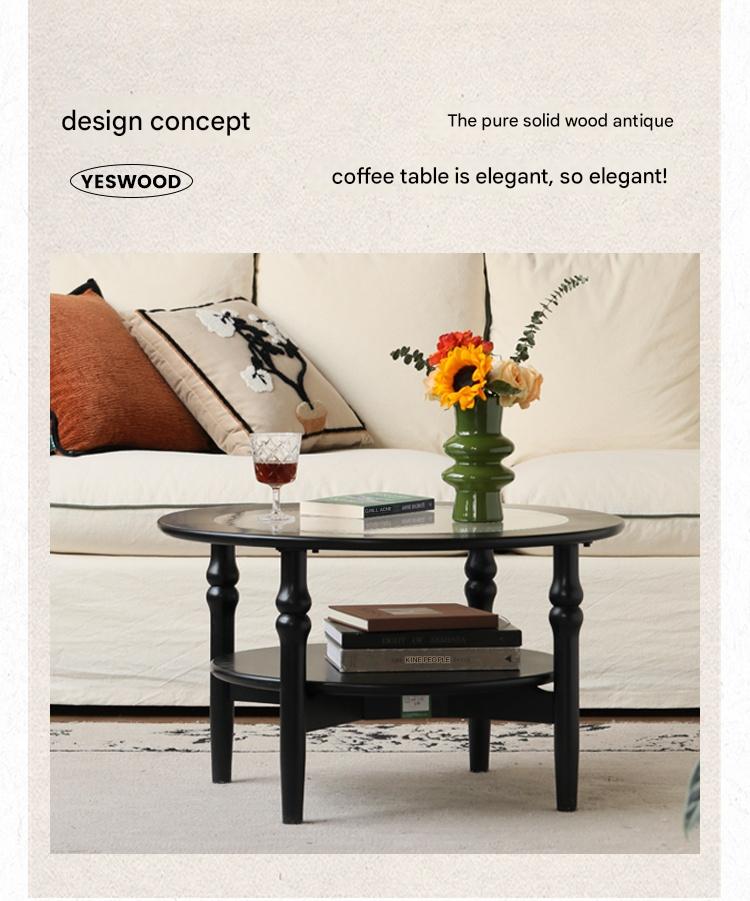 Rubber Solid Wood French Retro Glass Coffee Table.