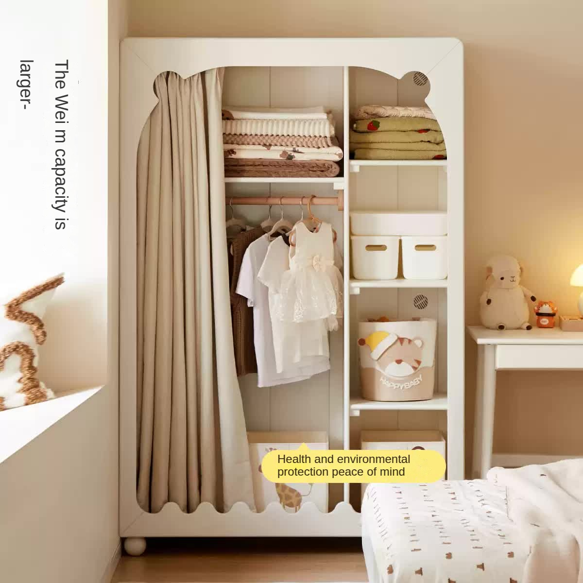 Solid Rubberwood Cream Style Kids Wardrobe.