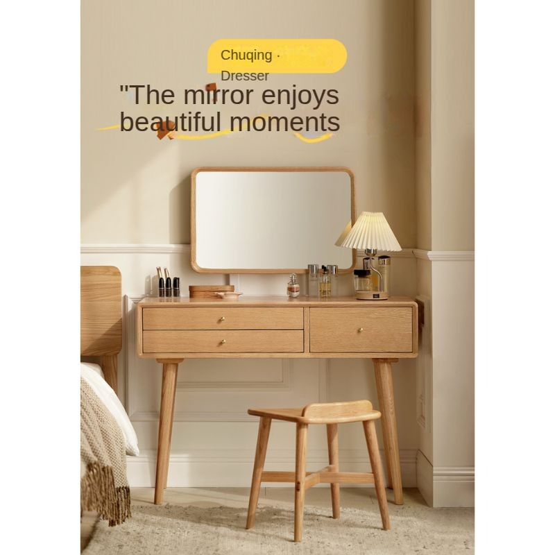 Oak Solid Wood Modern Dressing Table With Mirror.