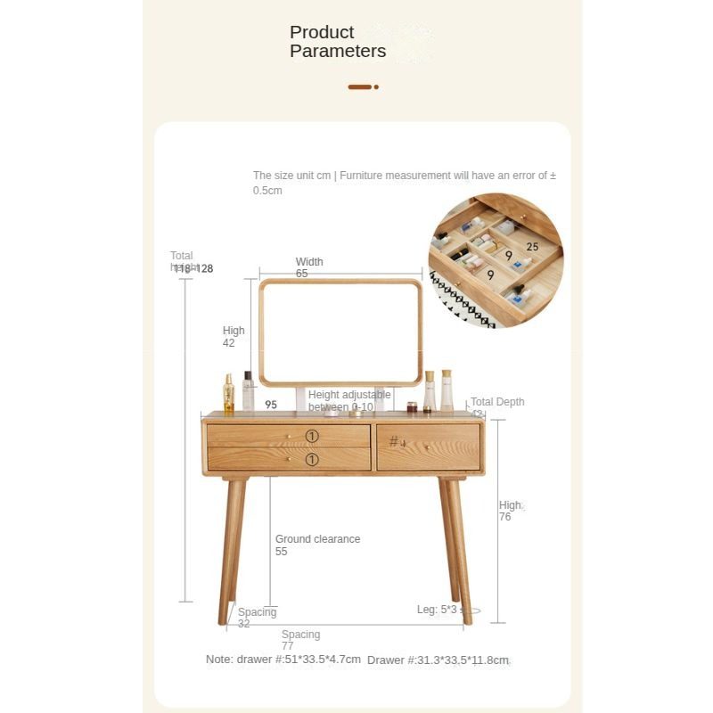 Oak Solid Wood Modern Dressing Table With Mirror.