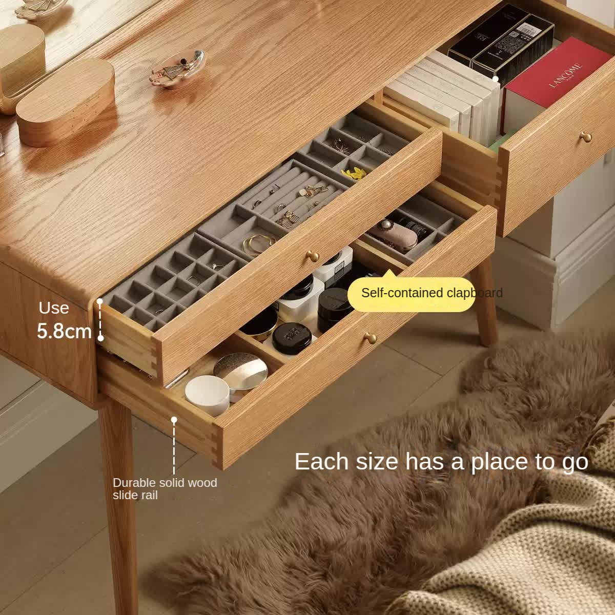 Oak Solid Wood Modern Dressing Table With Mirror.