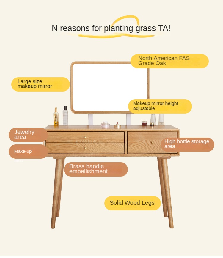 Oak Solid Wood Modern Dressing Table With Mirror.