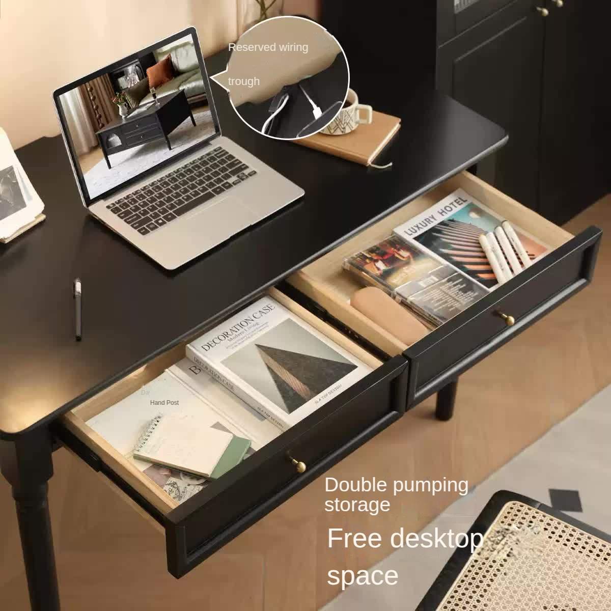 Solid Rubberwood American Retro Black Computer Desk.