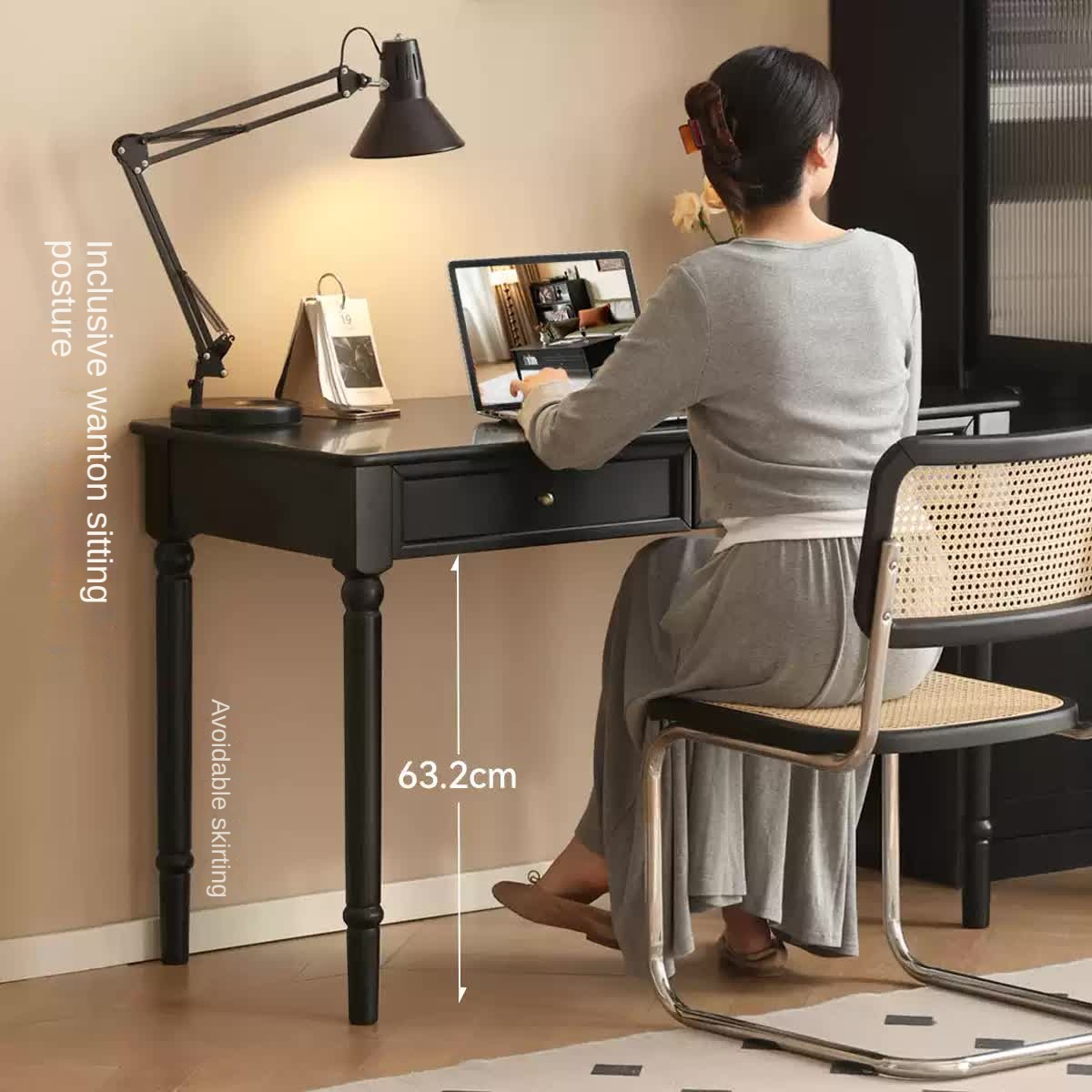 Solid Rubberwood American Retro Black Computer Desk.