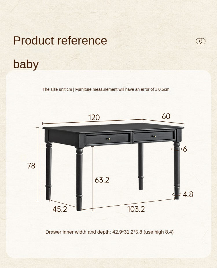 Solid Rubberwood American Retro Black Computer Desk.