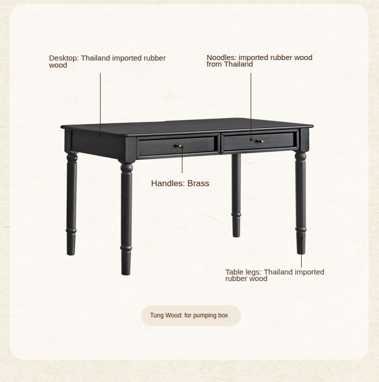 Solid Rubberwood American Retro Black Computer Desk.