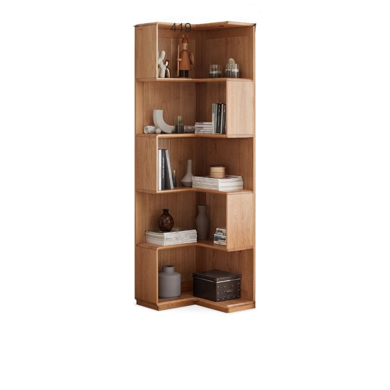 Oak Solid Wood Corner Bookshelf with Floor-Standing Storage Cabinet
