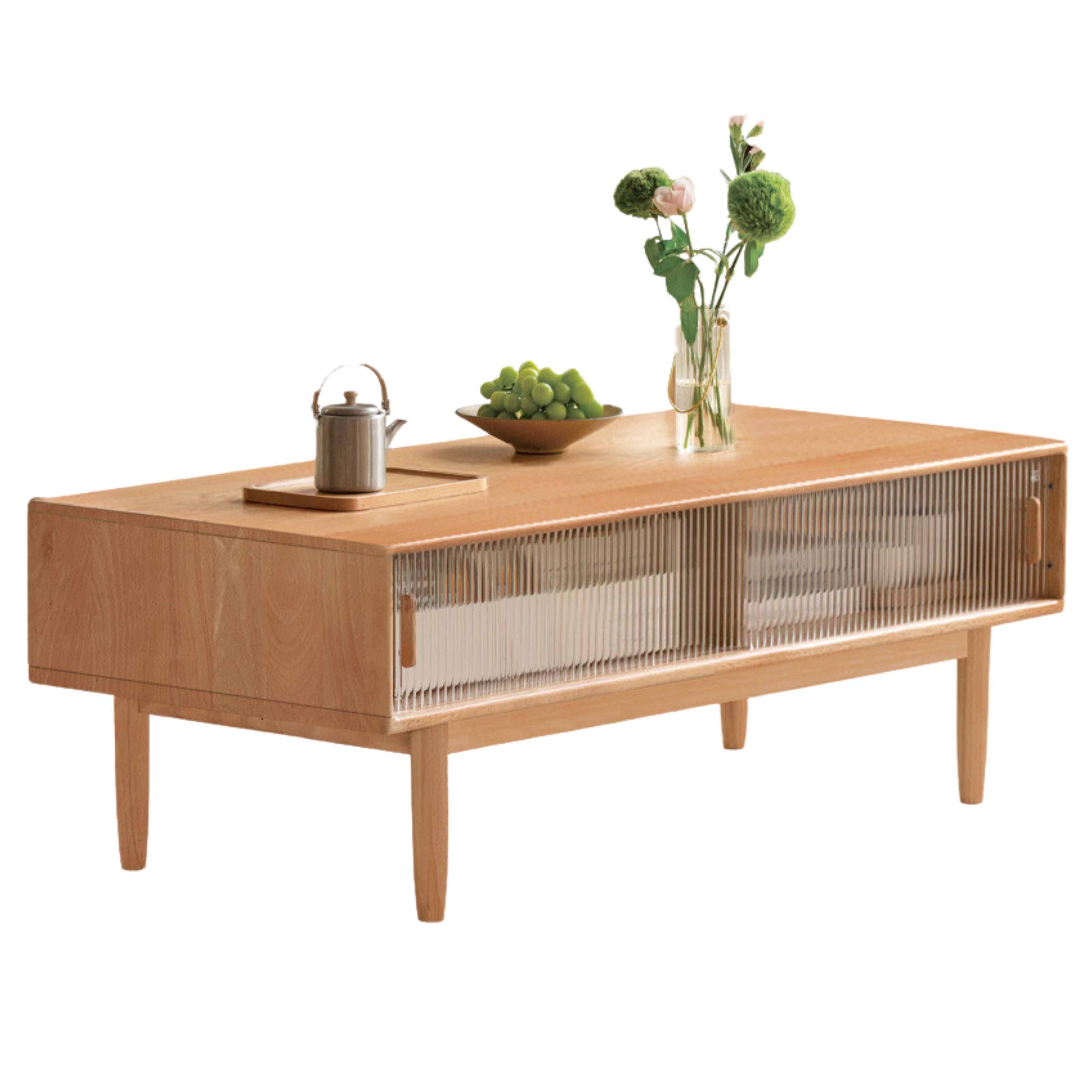 Oak, Beech Solid Wood Glass Doors Coffee Table