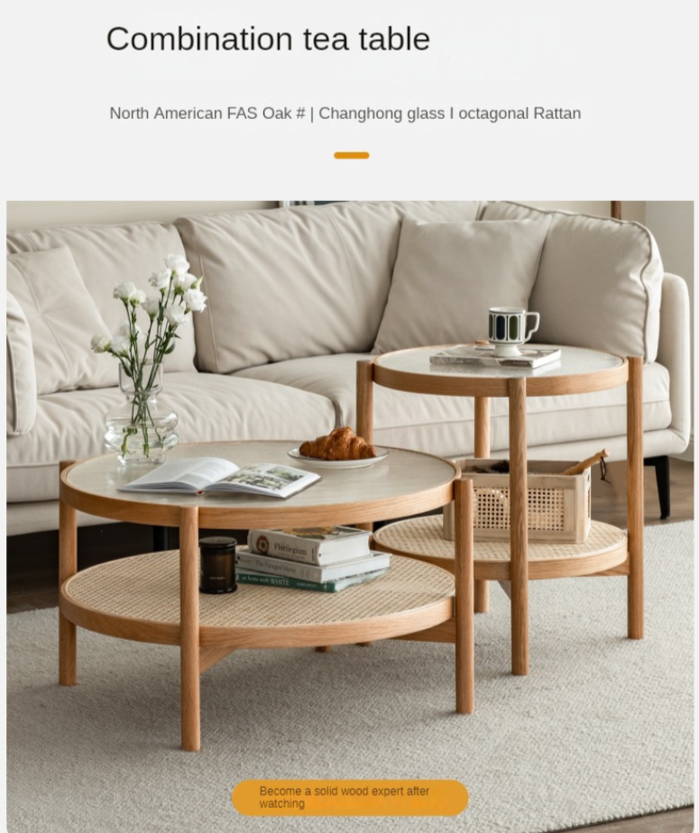 Oak Solid Wood, Glass, Rattan Coffee Table