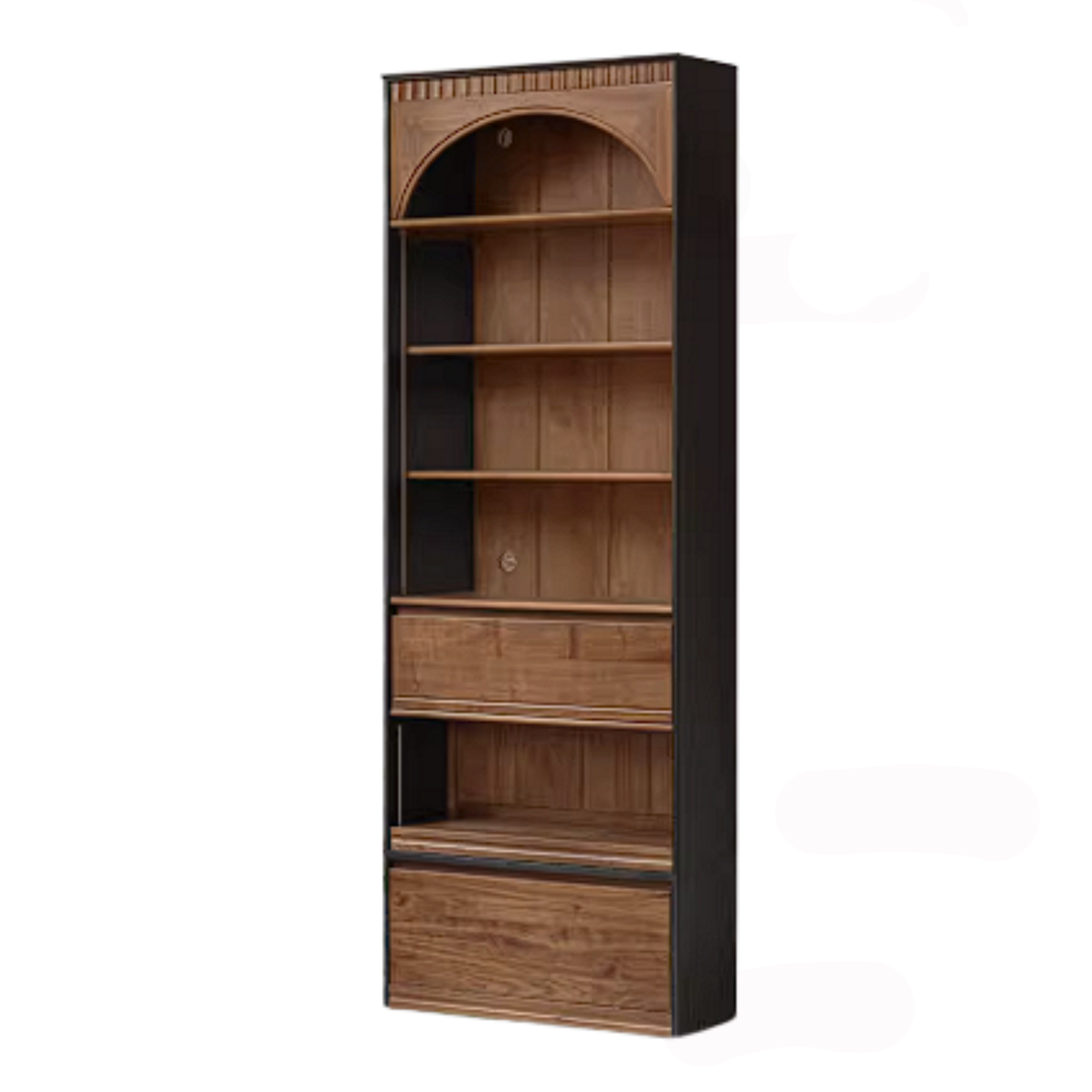 Black Walnut Solid Wood Bookcase with French Retro Display Cabinet