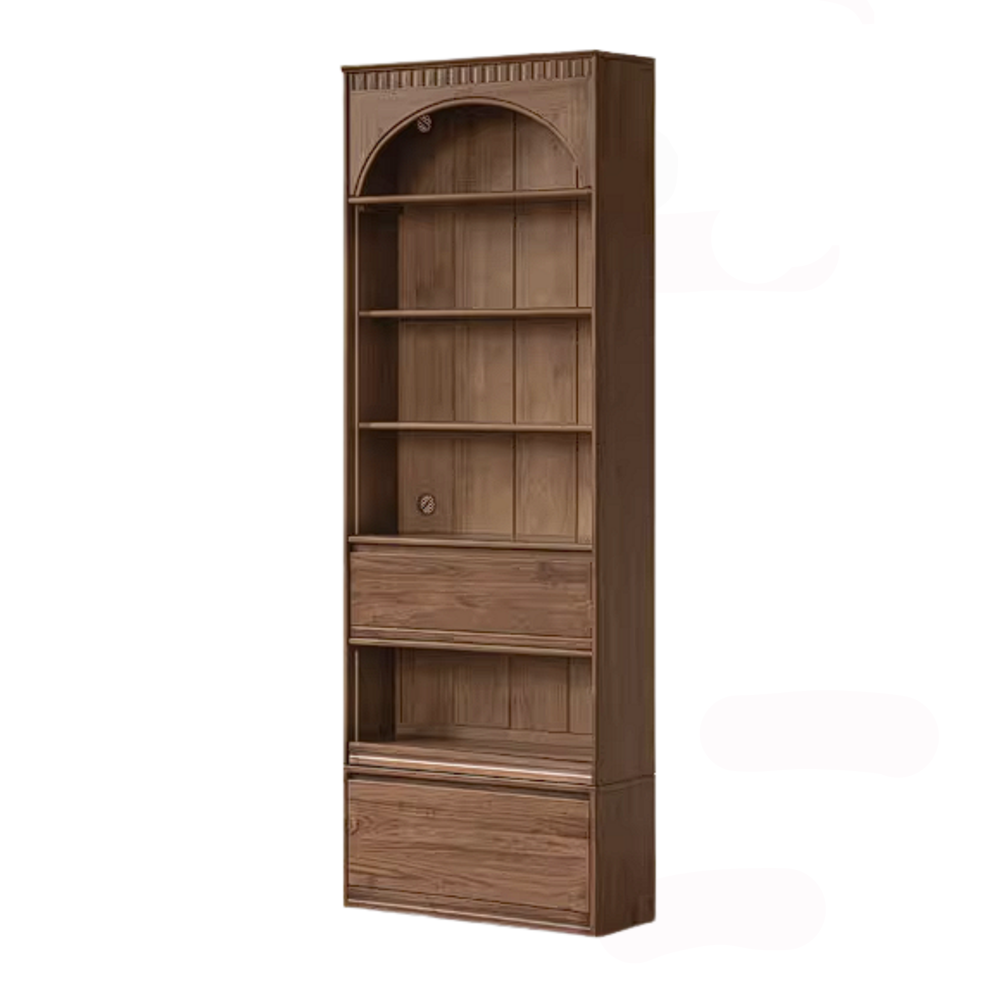 Black Walnut Solid Wood Arched Vintage Bookcase with Glass Door and Storage Drawer