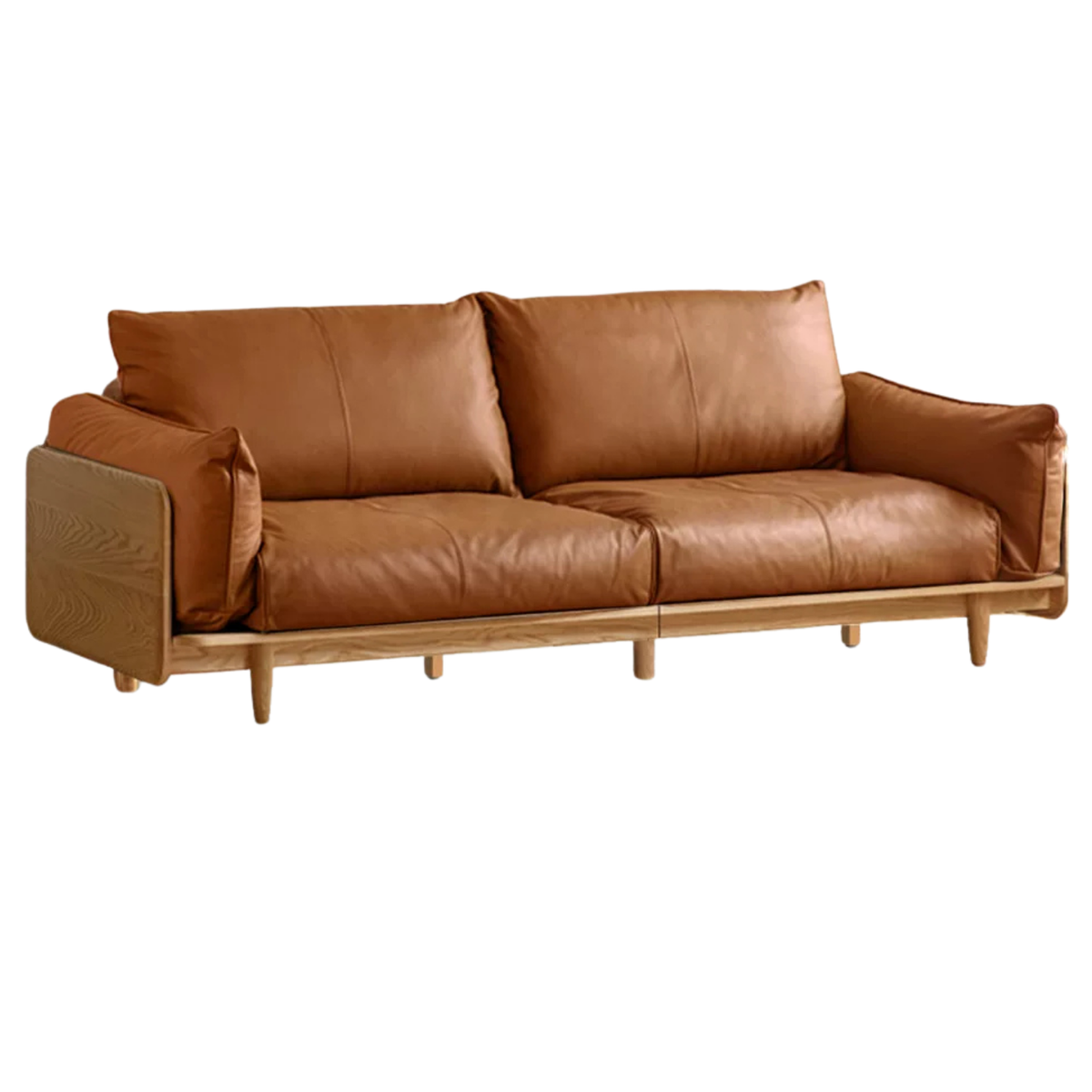 Oak, Ash Solid Wood Sofa with Exposed Wide Arms, High-Back, Genuine leather -fabric