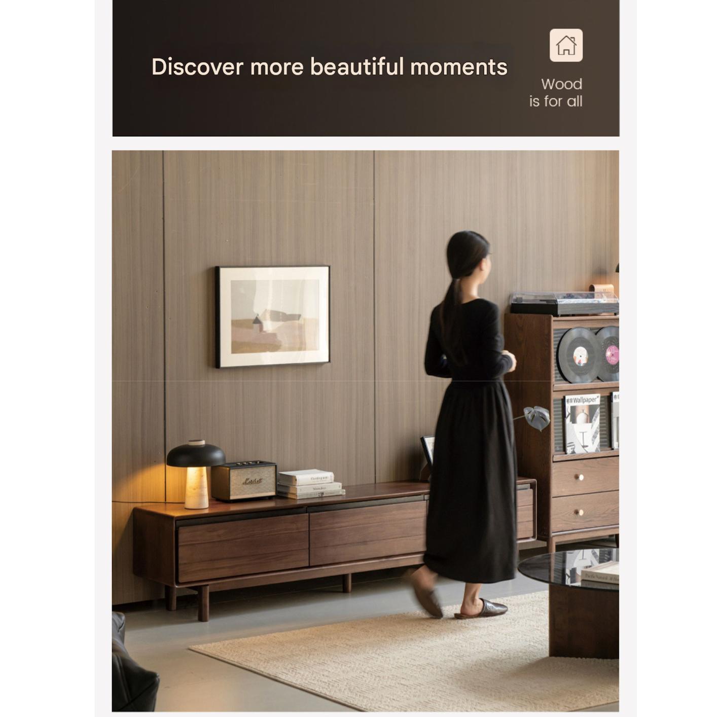 Black Walnut, Oak Solid Wood Floor Modern TV Cabinet.