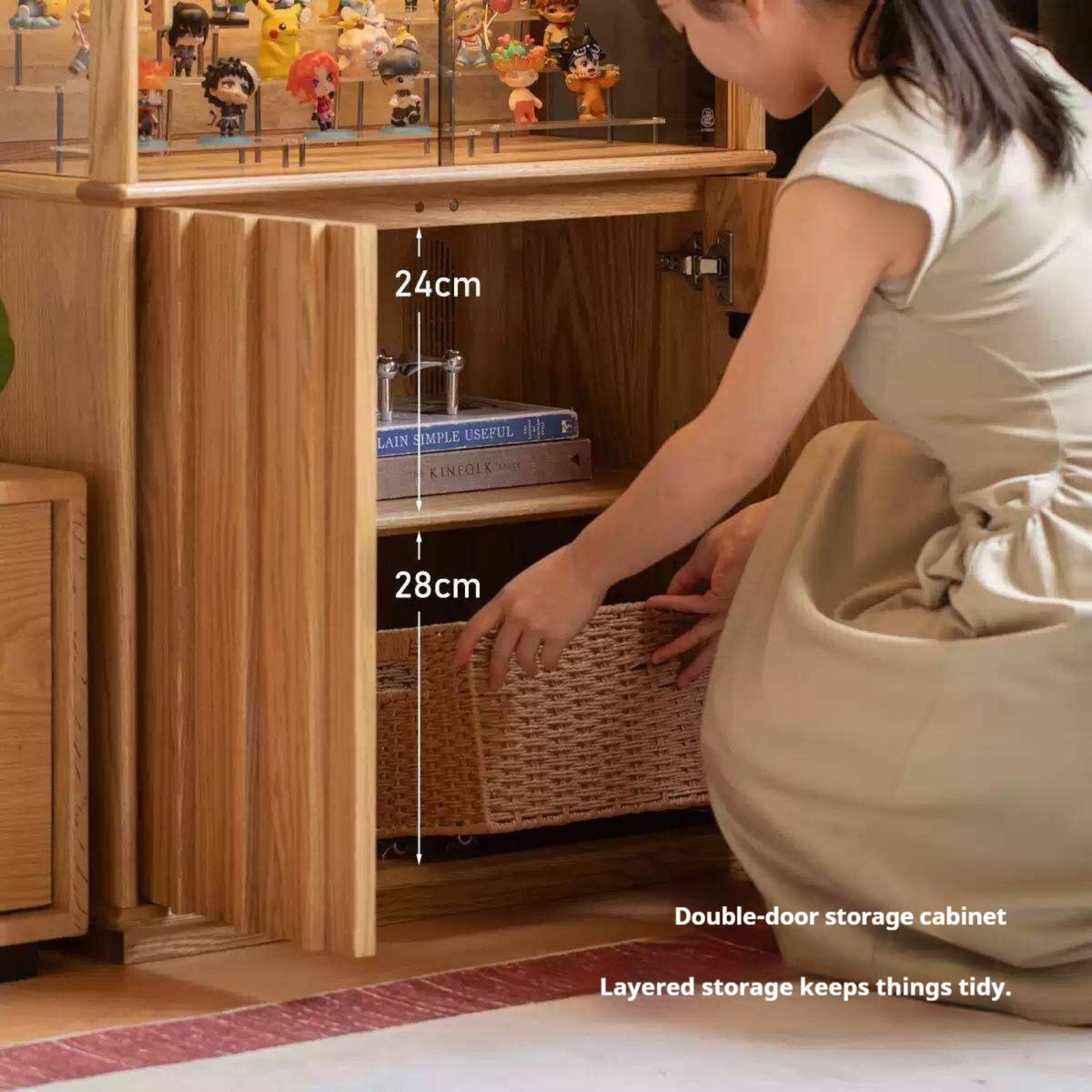 Oak Solid Wood Lighted Display Cabinet with Glass Door and Fluted Wood Panels