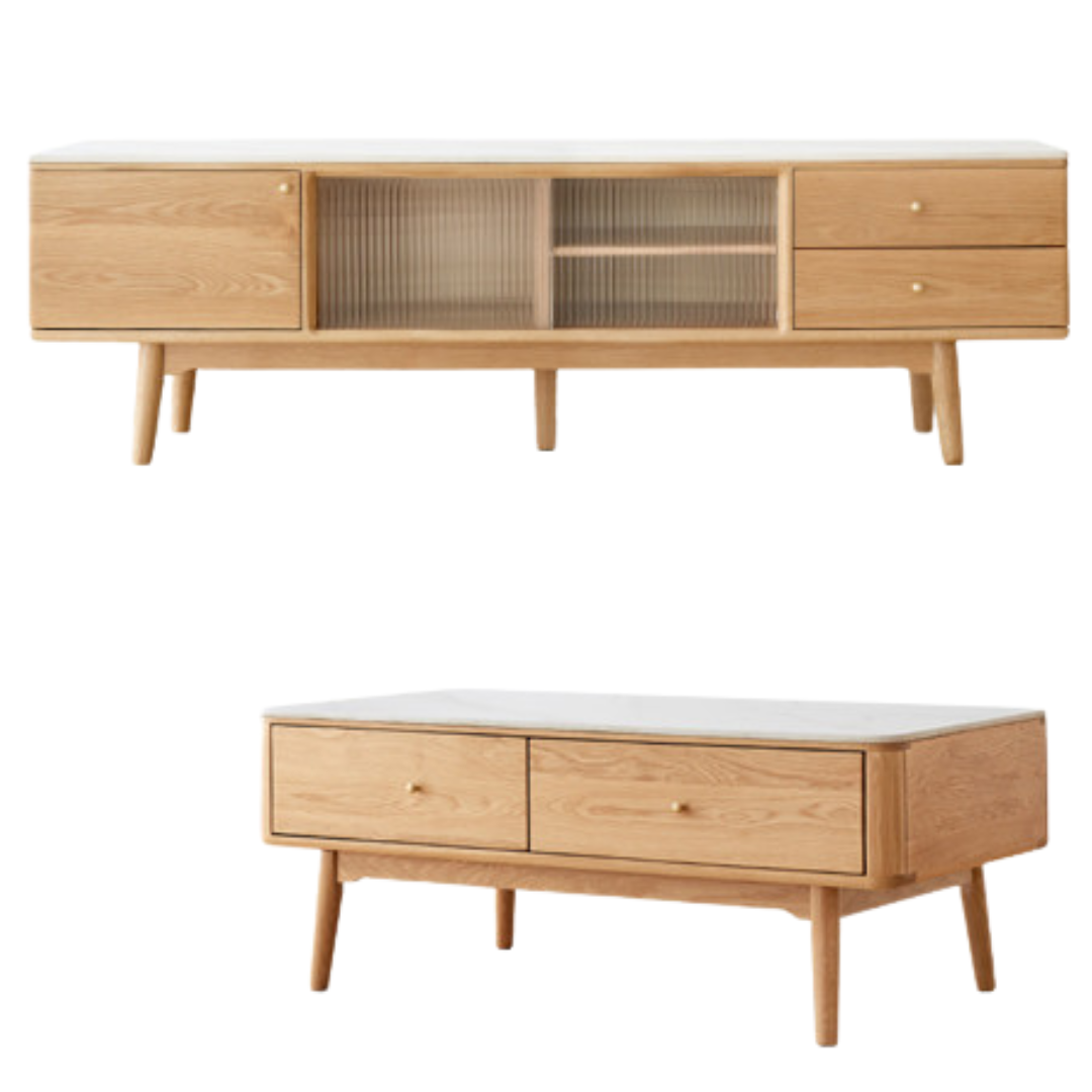 Oak, Poplar, Beech Solid Wood Sliding Door TV Stand With Rock Slab Surface.