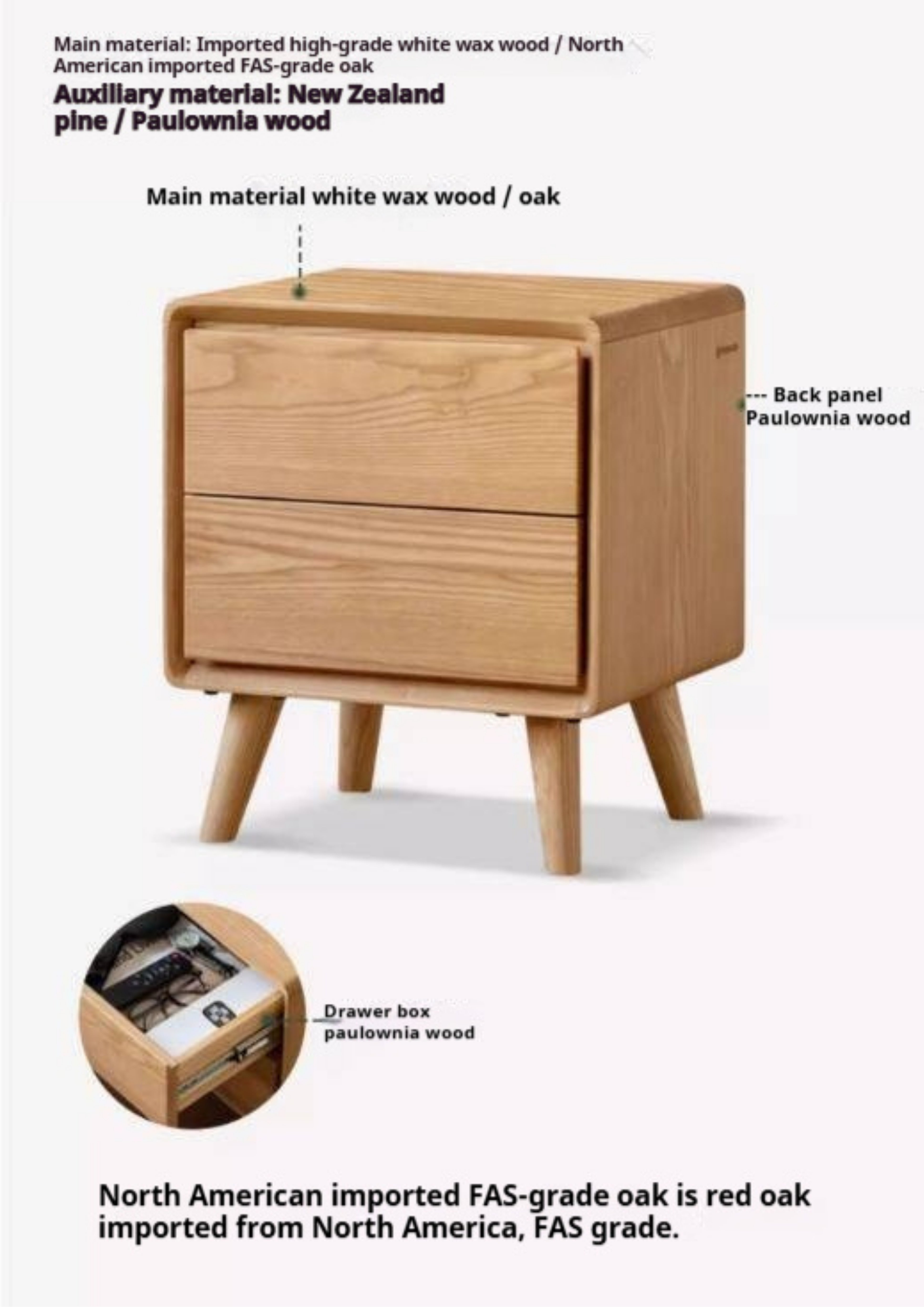 White Ash, Oak Solid Wood Modern Nightshand