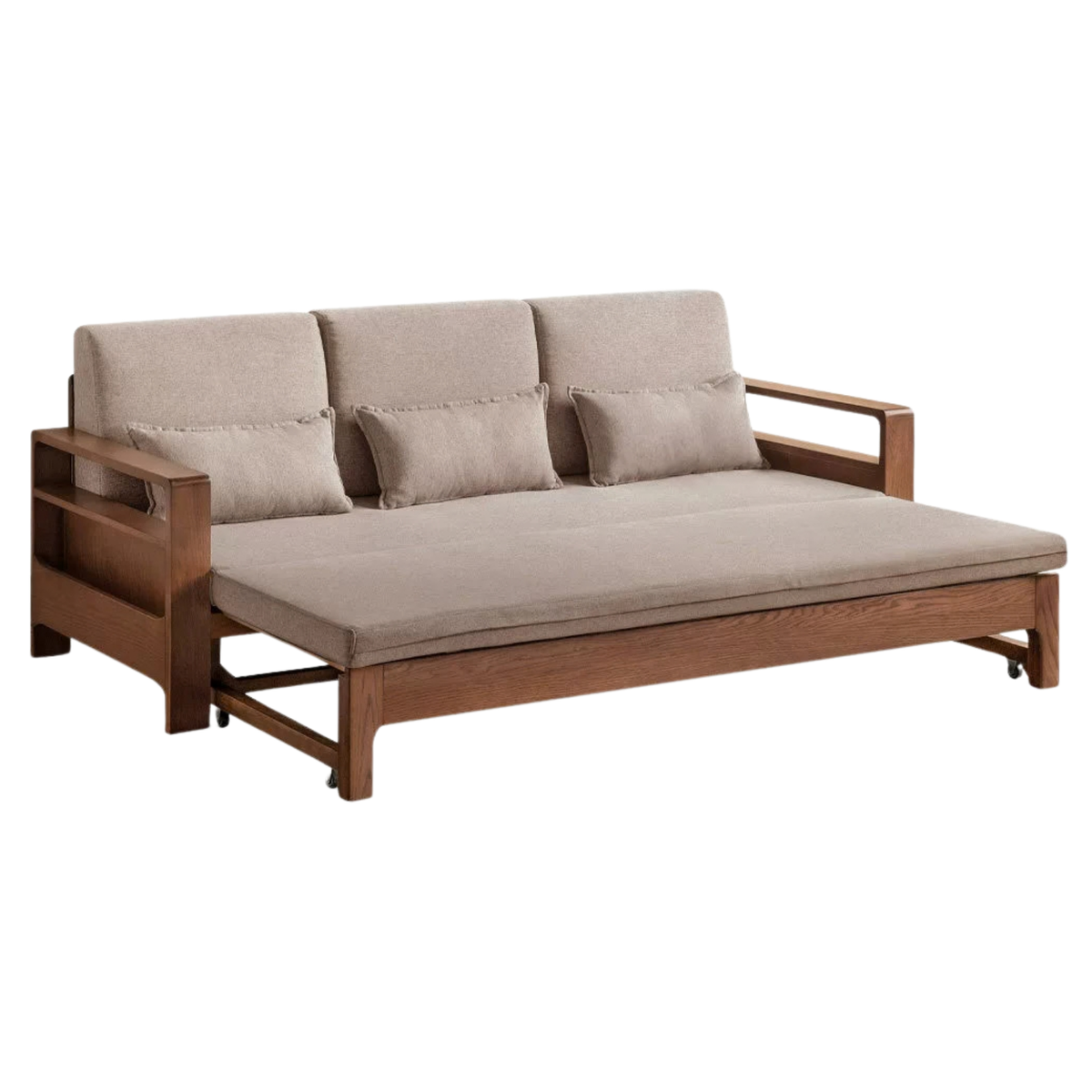 Oak, Beech Sofa Bed with Wood Frame and Side Storage Pocket