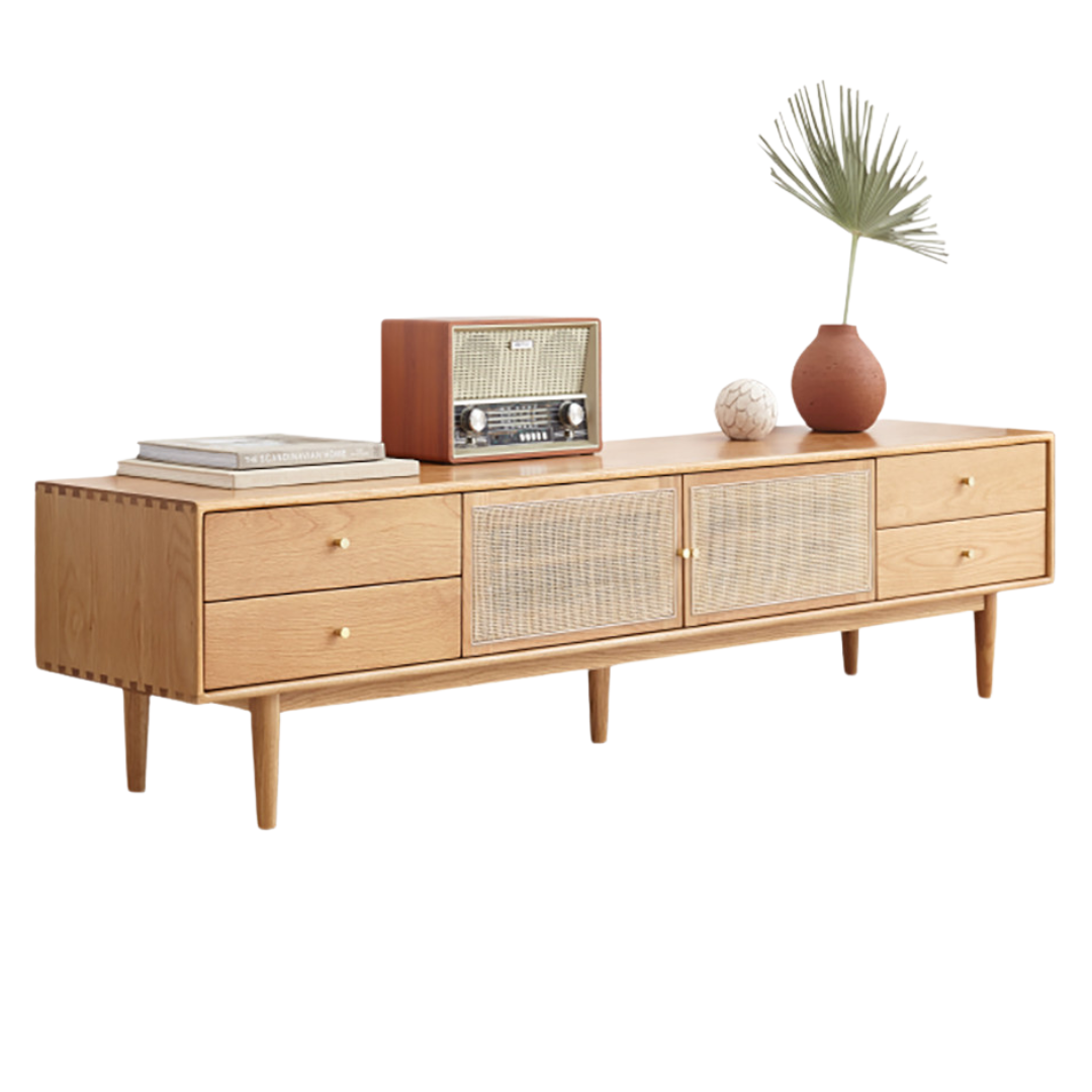 Oak Solid Wood Rattan TV Cabinet