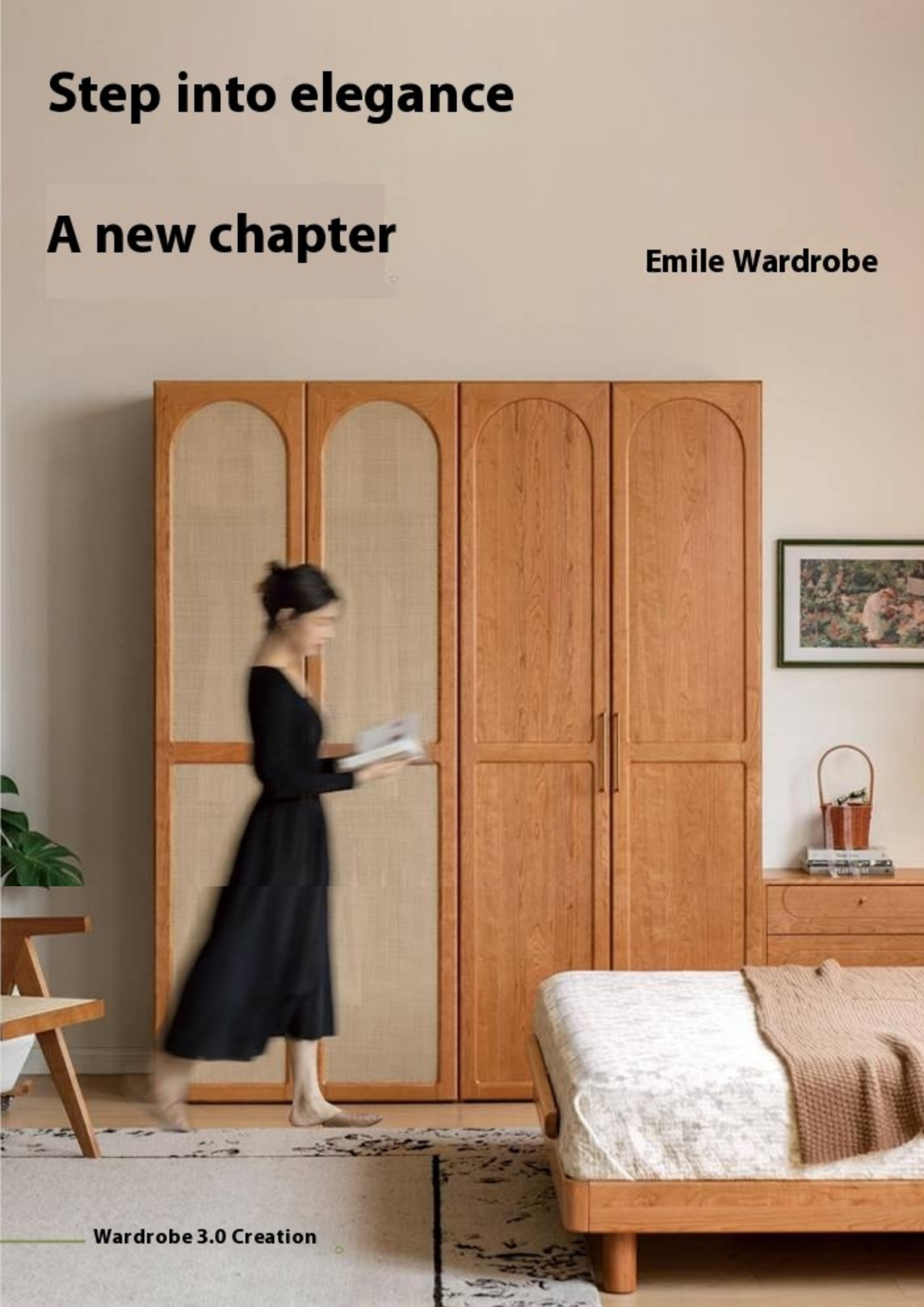 Cherry Solid Wood Retro Rattan Wardrobe