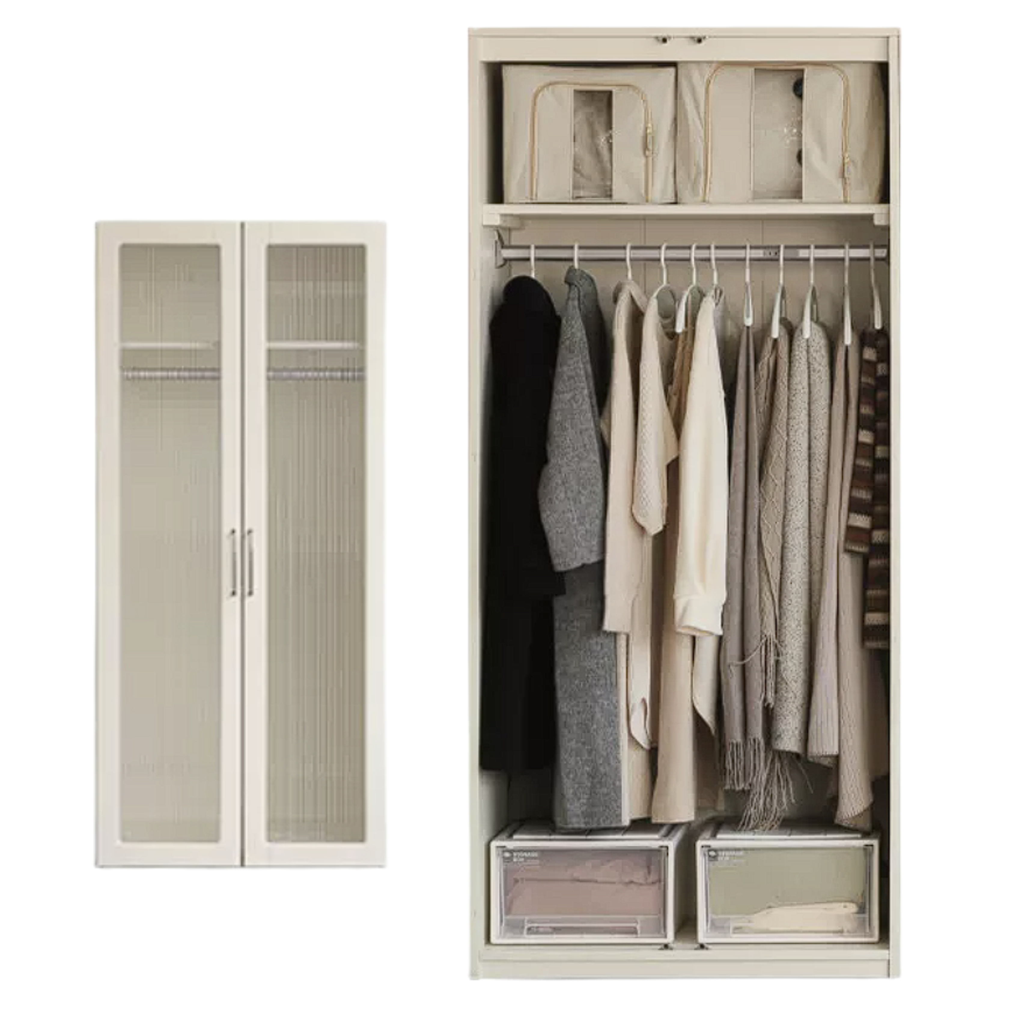 Poplar Solid Wood Modern Lighted Locker White Cream Style Wardrobe