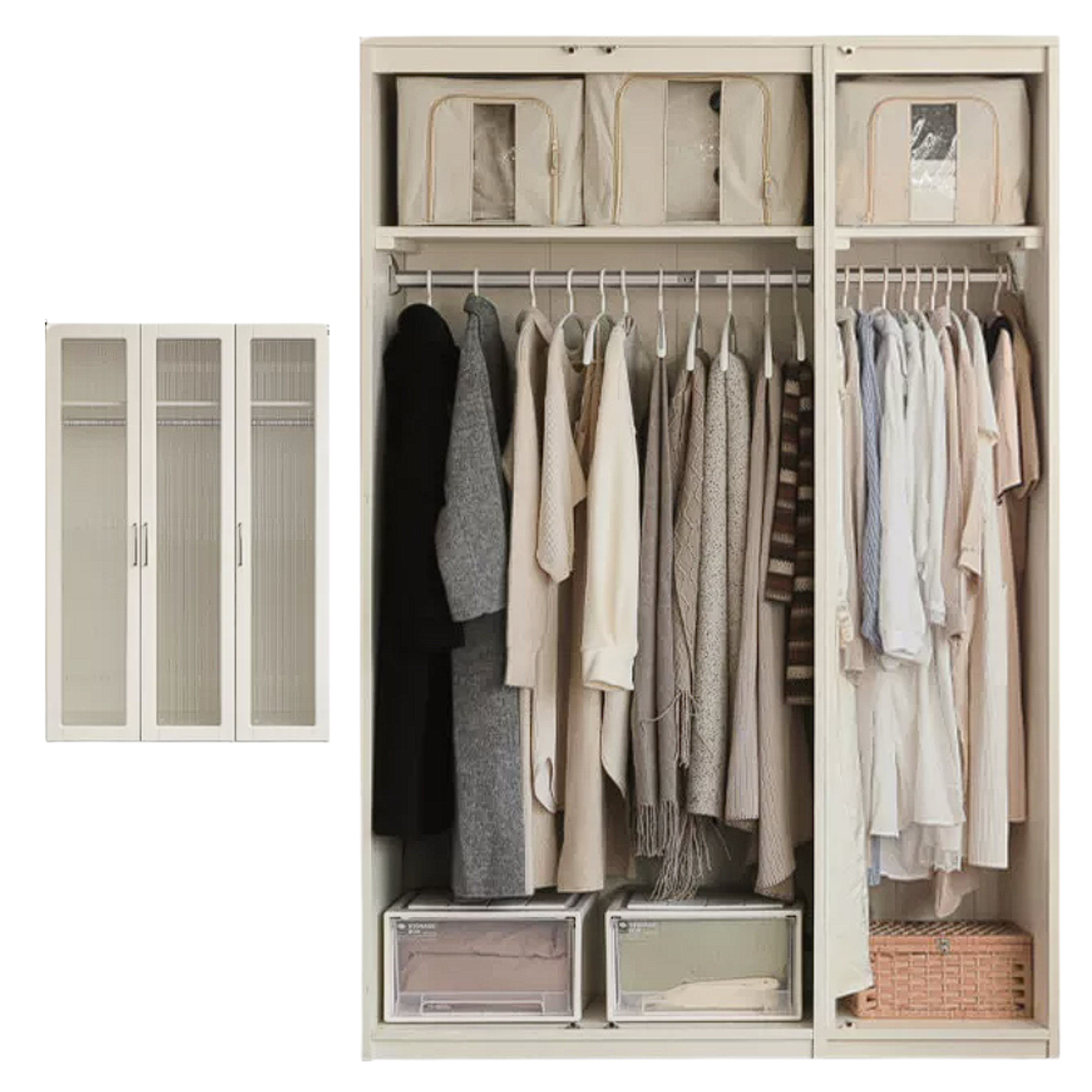 Poplar Solid Wood Modern Lighted Locker White Cream Style Wardrobe