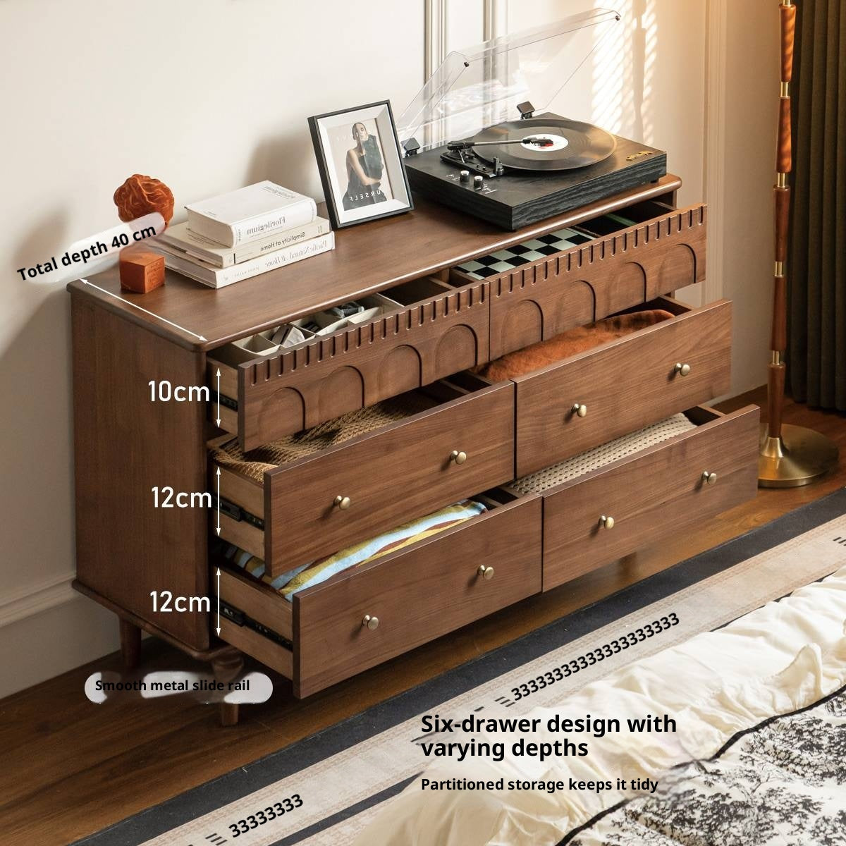 Black Walnut, Poplar, Solid Rubberwood French Retro Chest of Drawers