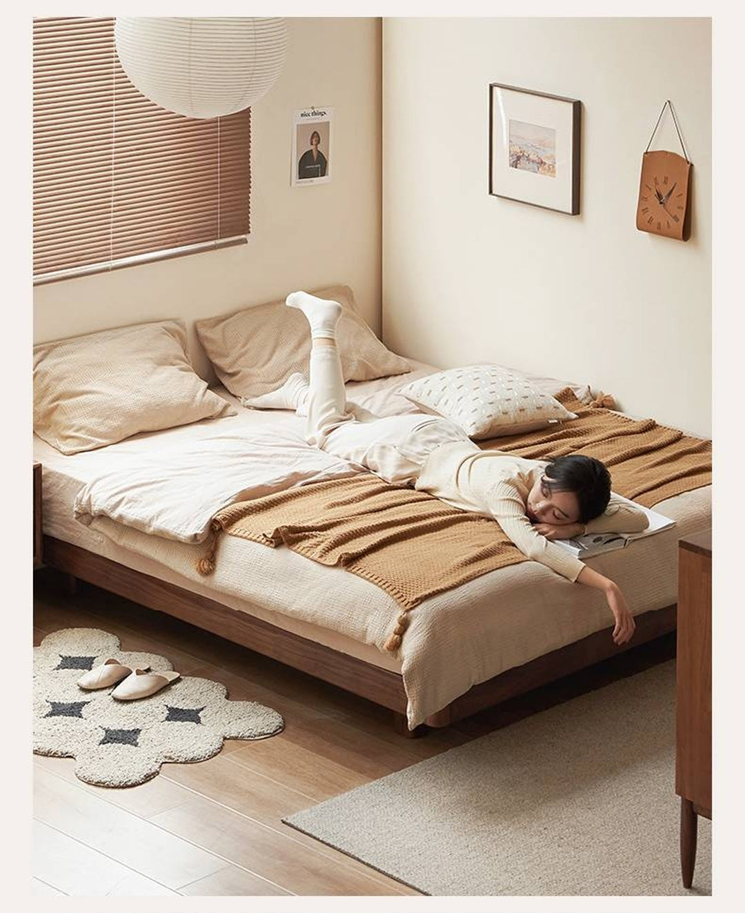 Black Walnut Solid Wood Platform Bed, Headboard-Free Bed