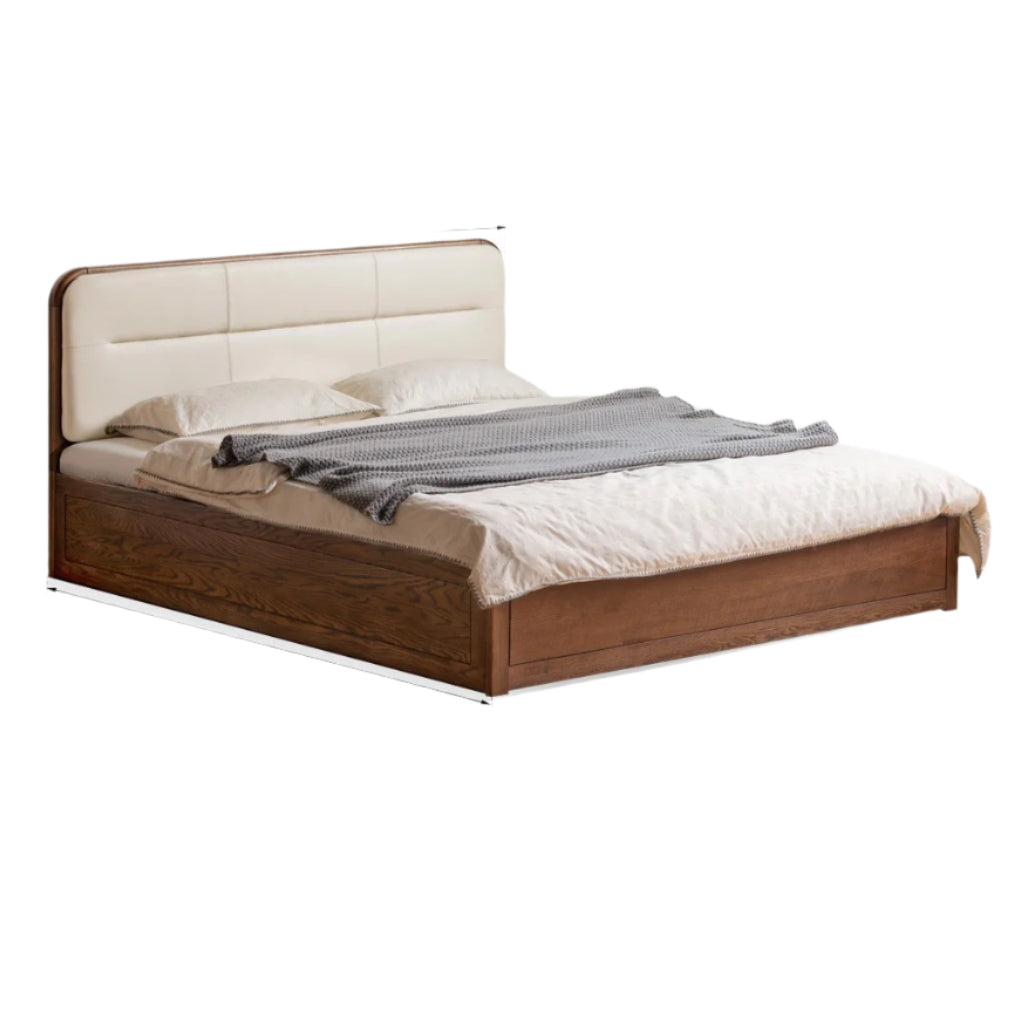 Oak Solid Wood Modern Genuine Leather, Organic Leather Storage Bed