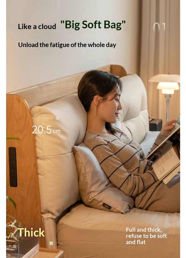 Oak Solid Wood Modern Leather Storage Bed, LED Lighting and USB Charging