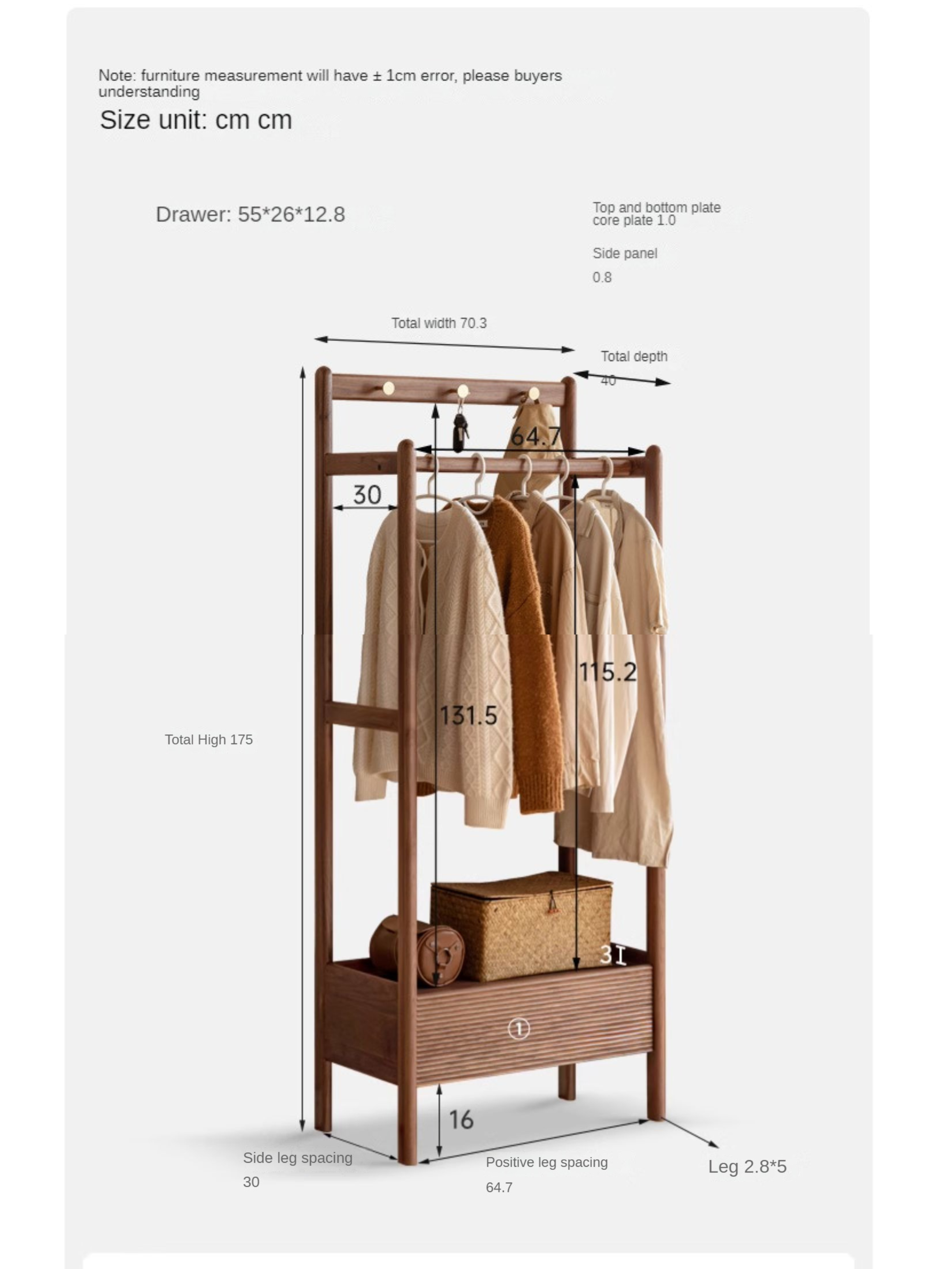 Black Walnut, Oak Solid Wood Floor to Floor Clothes Storage Rack