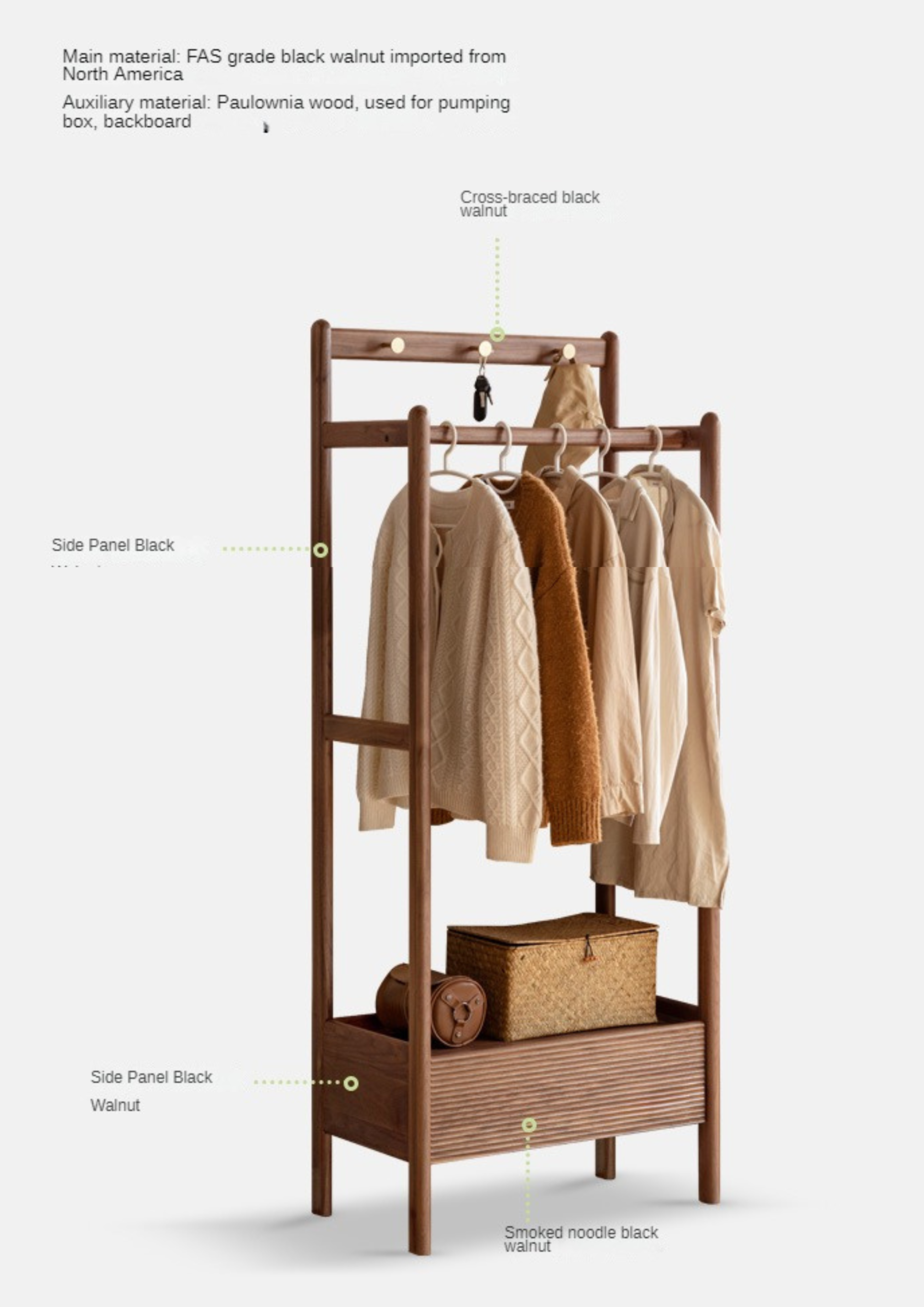 Black Walnut, Oak Solid Wood Floor to Floor Clothes Storage Rack