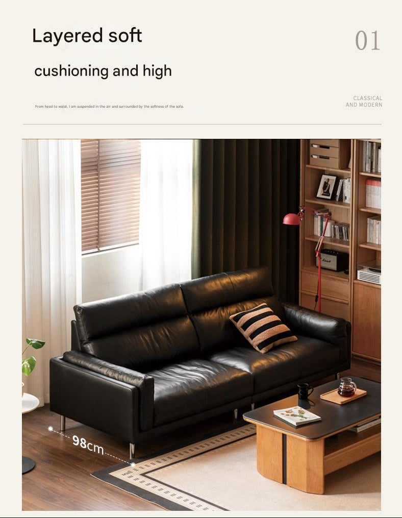 Genuine Leather Italian-Inspired Sofa – Modern High-Back Black Couch