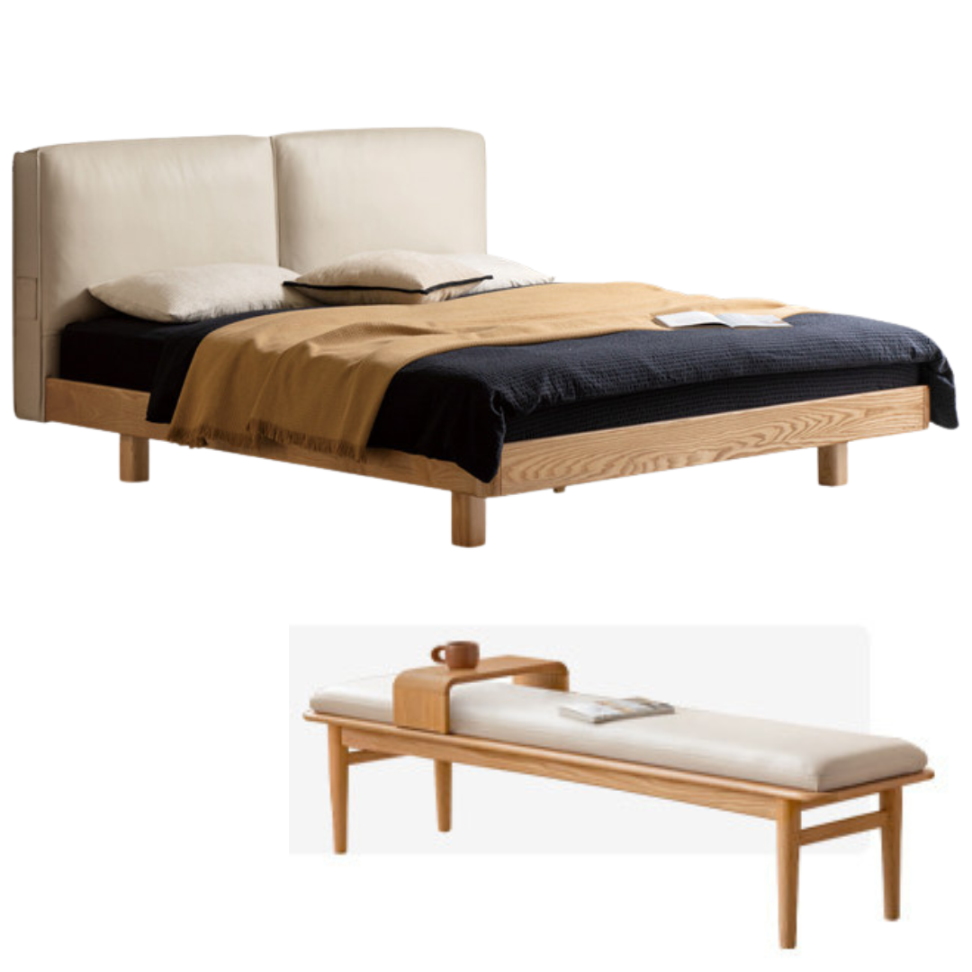 Ash Solid Wood Floating Bed — Modern Minimalist, Genuine Leather Upholstery