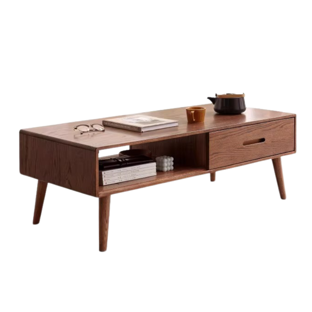 Oak, Solid Rubberwood Two-Drawer Coffee Table Walnut Color