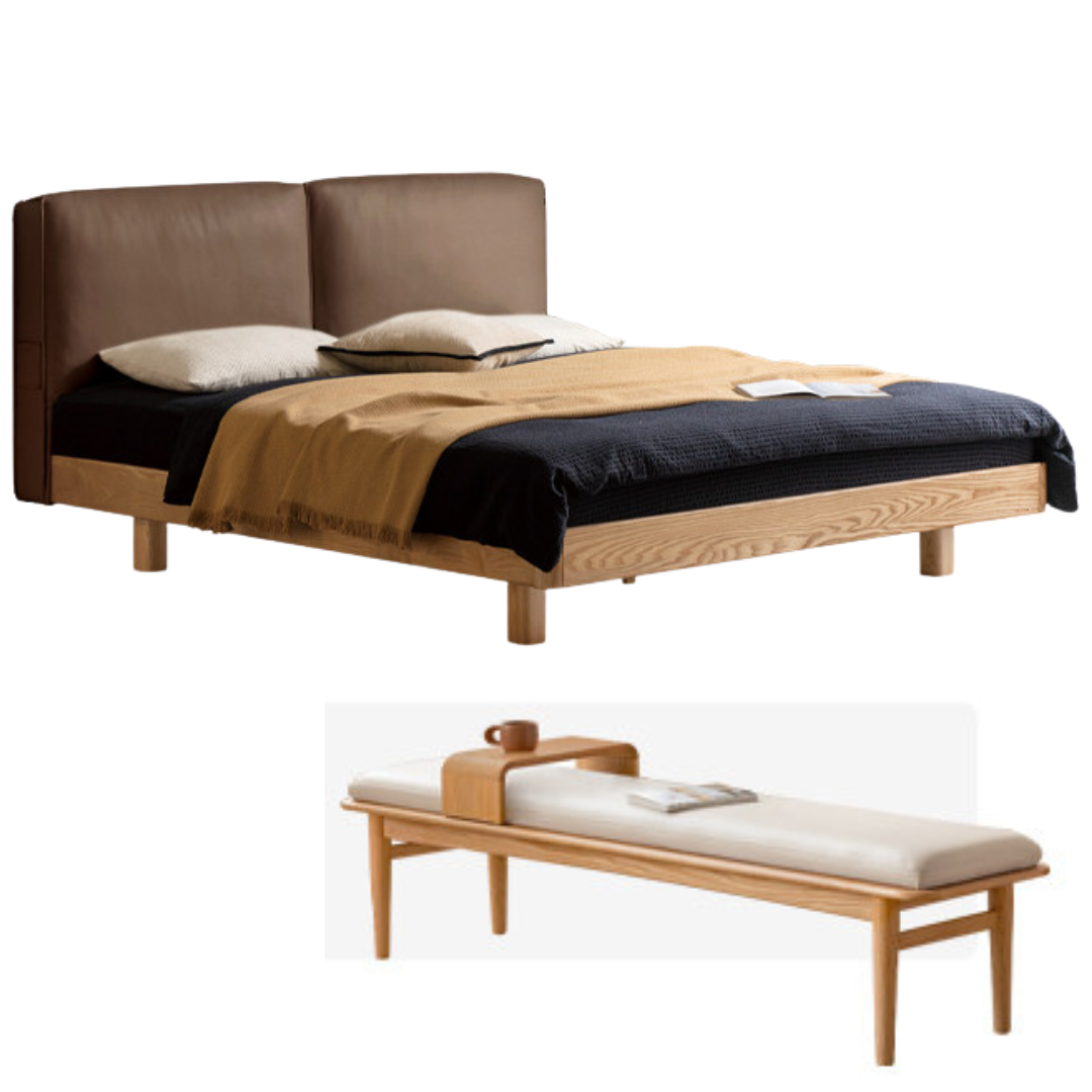 Ash Solid Wood Floating Bed — Modern Minimalist, Genuine Leather Upholstery