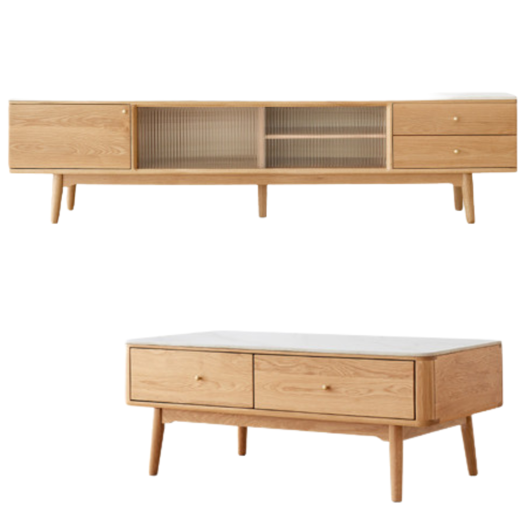 Oak, Poplar, Beech Solid Wood Sliding Door TV Stand With Rock Slab Surface.