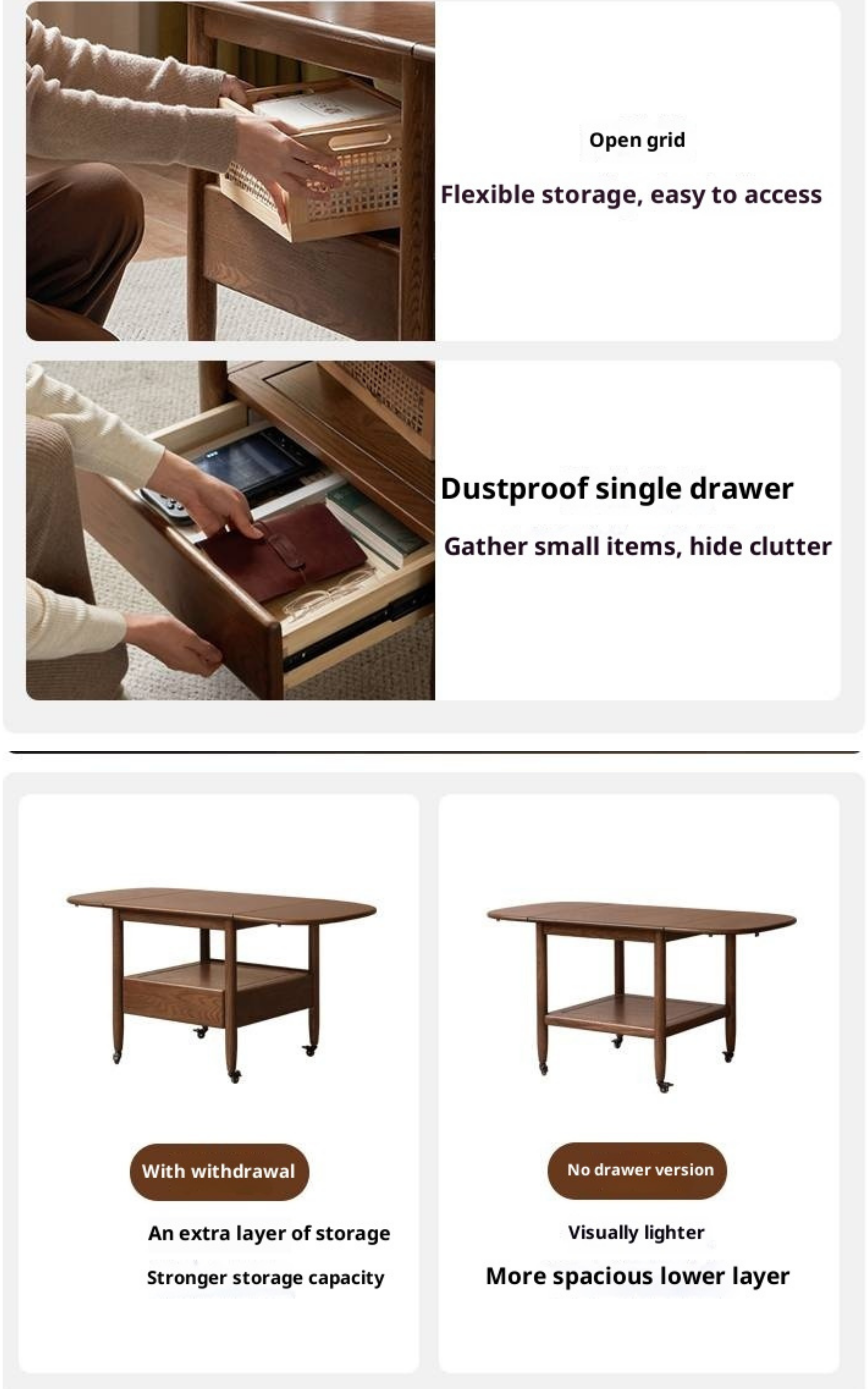 Oak Solid Wood Folding Movable Coffee Table